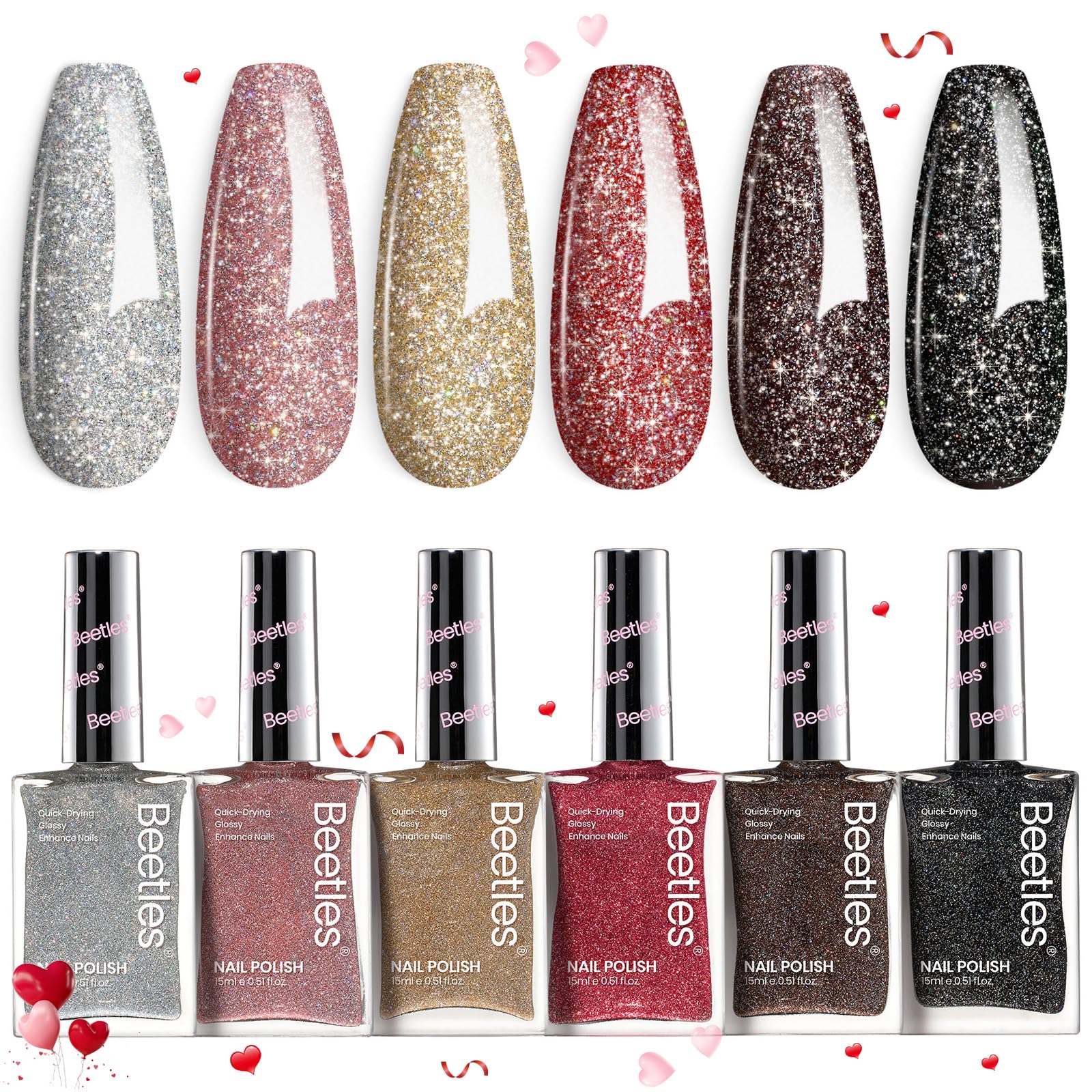Beetles 6-Piece Glitter Nail Polish Set - Silver, Pink, Gold, Red, Brown, Black | Quick-Dry, Non-Toxic, Long-Lasting Nail Lacquer | Perfect for DIY Manicures, Nail Art, Salon Use & Gifts for Women | Great for Parties, Weddings, Holidays & Everyday Wear