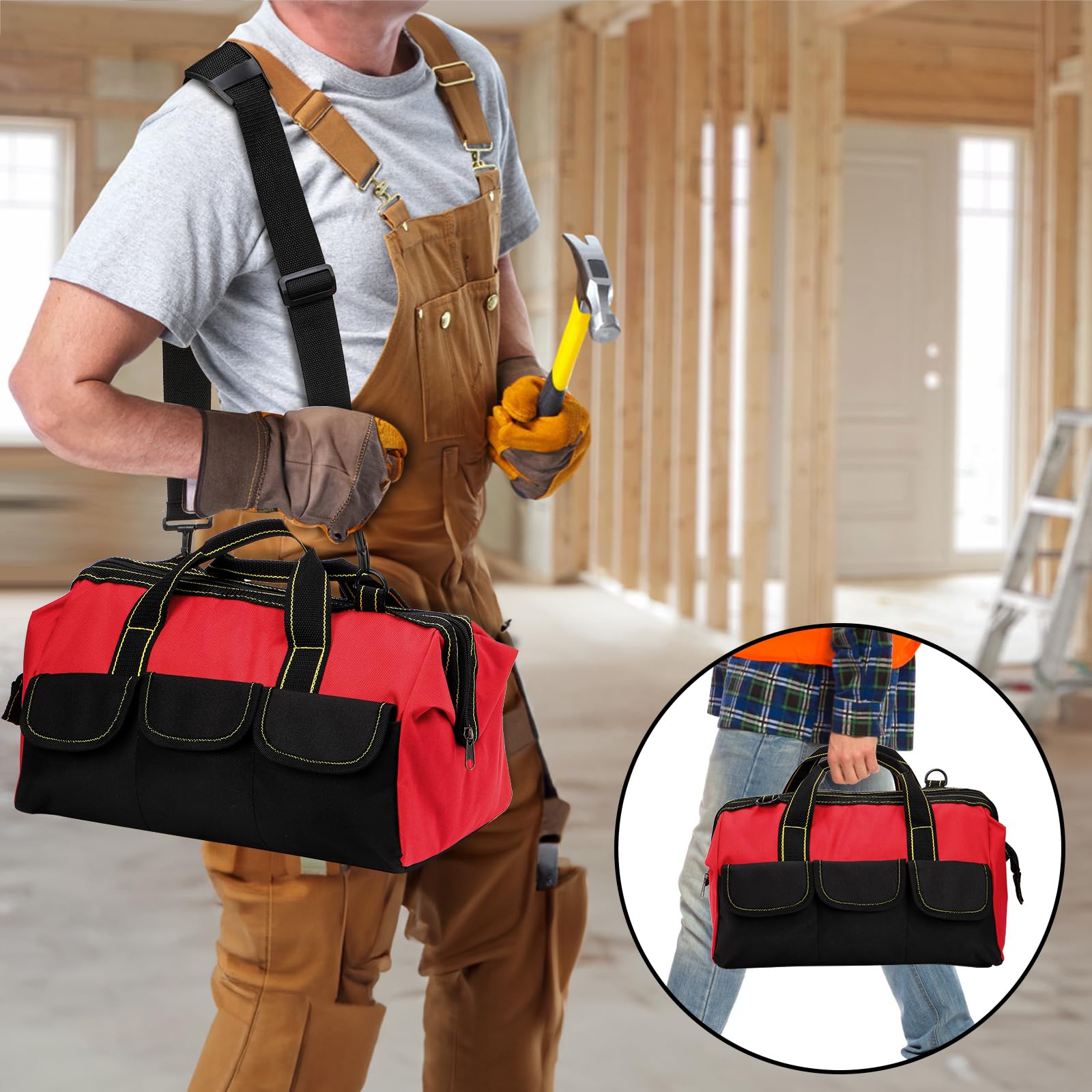 Hiceeden 16 Inch Wide Mouth Tool Bag - Collapsible Waterproof Electrician Tool Organizer with Adjustable Strap & 5 Pockets | Portable Handbag for Electricians, Plumbers & DIY Home Repairs | Perfect for Construction Sites, Workshops & Home Improvement Projects