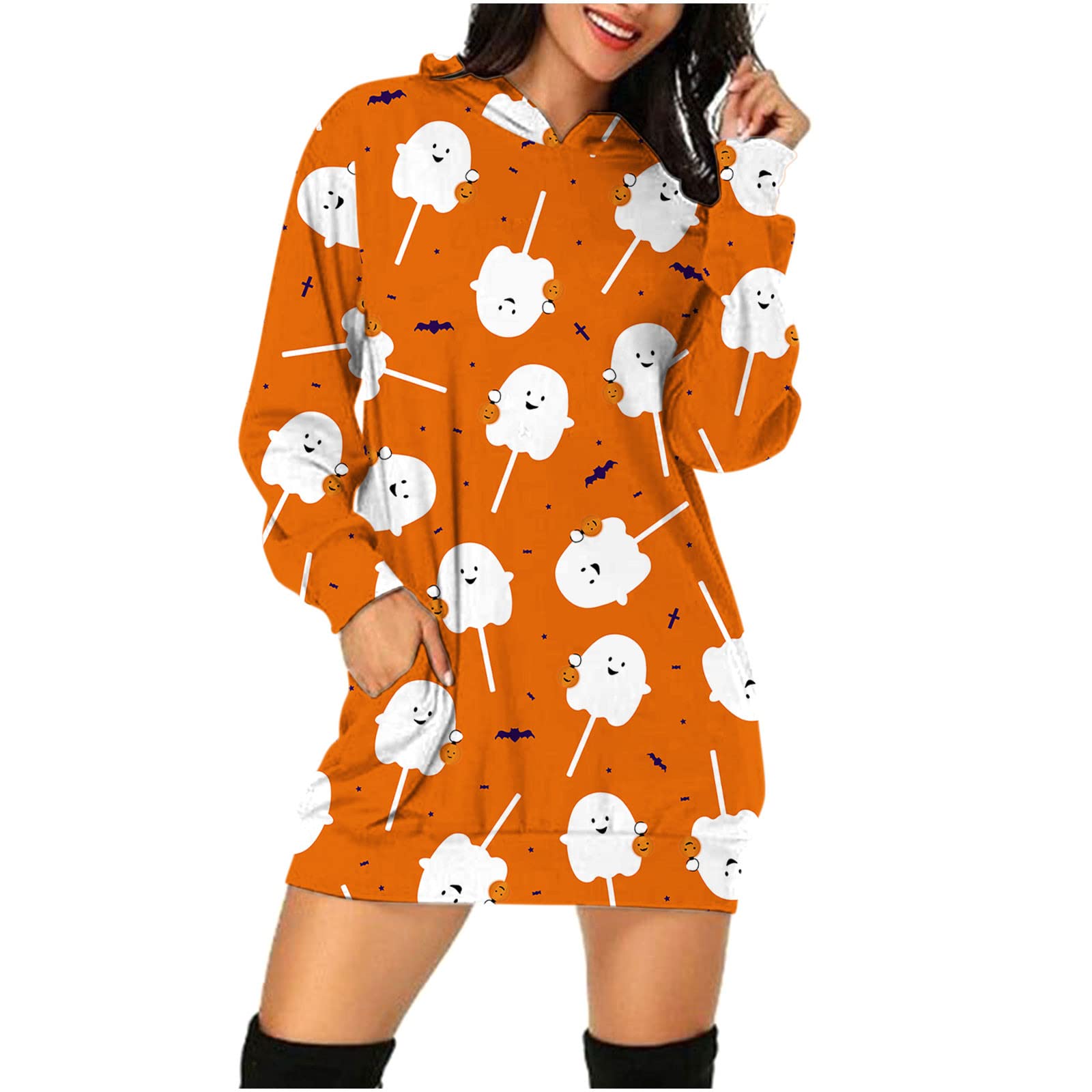 Sinzelimin Women's Hooded Tunic Dress - Halloween Printed Long Sleeve Loose Pocket Sweatshirt Pullover Mini Dress for Casual Wear, Street Style & Holiday Outfits