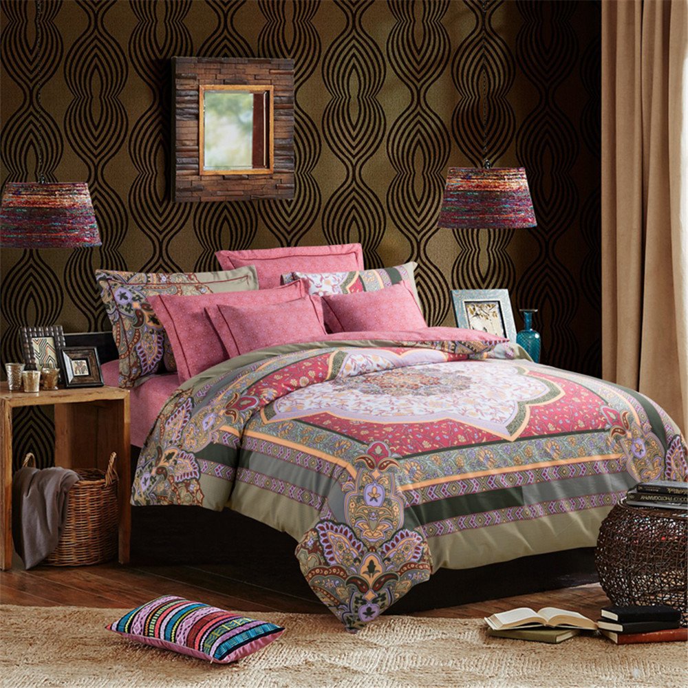 Newrara Boho Bedding Set - Moroccan Style Cotton Duvet Cover with Bohemian Exotic Patterns, 4-Piece Full Size Bedding Set for Cozy Bedroom Decor | Perfect for Guest Rooms, Dorm Rooms & Bohemian Home Decor