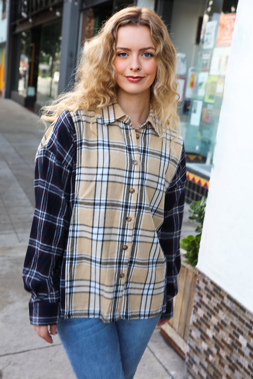 Navy & Beige Cotton Plaid Hi-Lo Shirt Top for Women - Casual Long Sleeve Tunic Blouse - Perfect for Fall Outfits, Layering and Everyday Wear