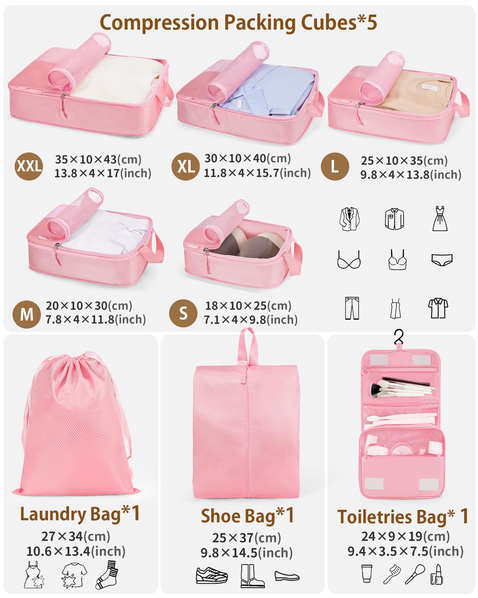 8-Piece Compression Packing Cubes Set - Expandable Travel Organizer Bags for Suitcases | Space-Saving Luggage Essentials | Perfect for Business Trips, Vacations & Weekend Getaways (Pink)