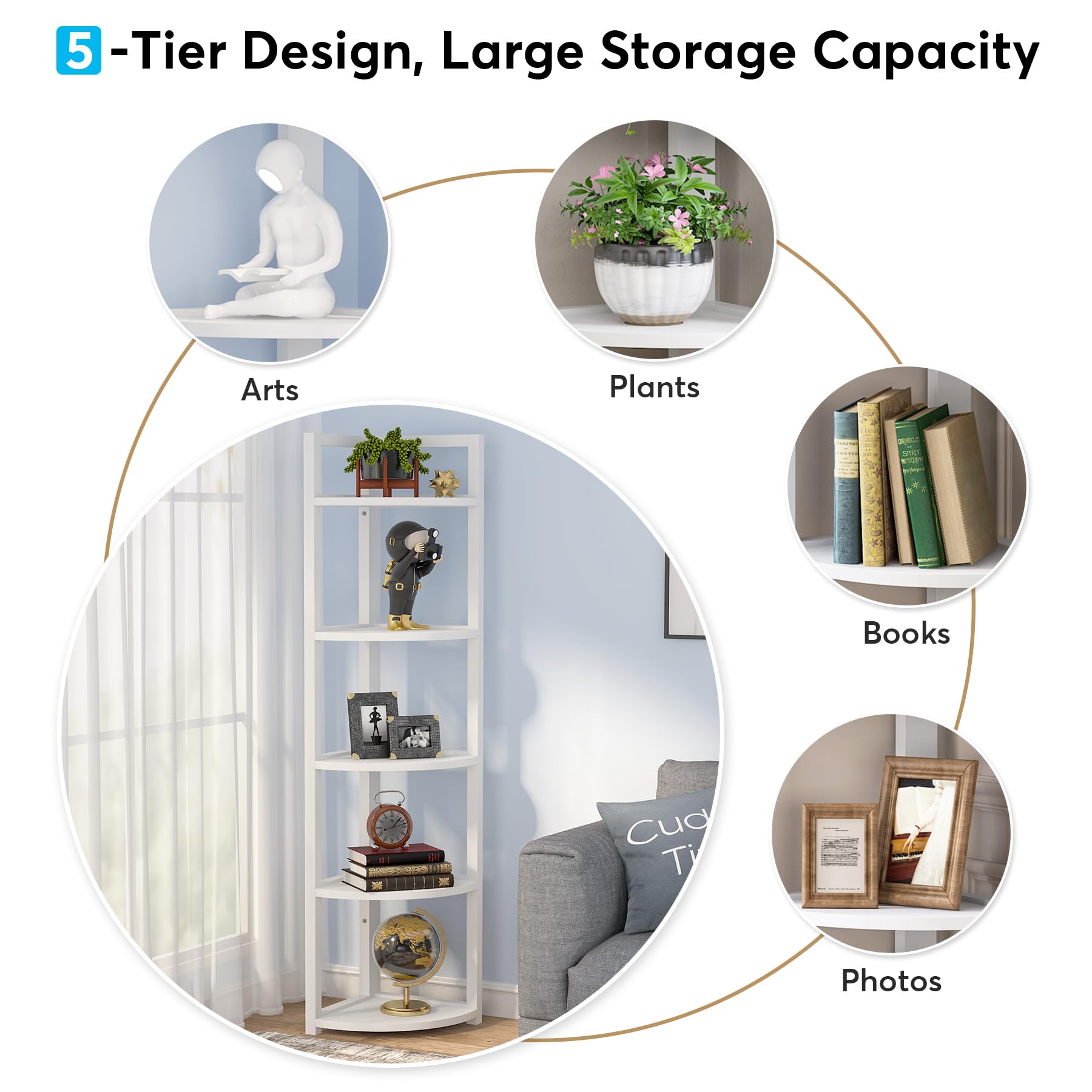 Tribesigns 5-Tier Corner Shelf - Modern Space-Saving Bookcase, Storage Rack & Plant Stand for Living Room, Home Office, Kitchen | White Wooden Shelving Unit for Small Spaces & Apartment Decor
