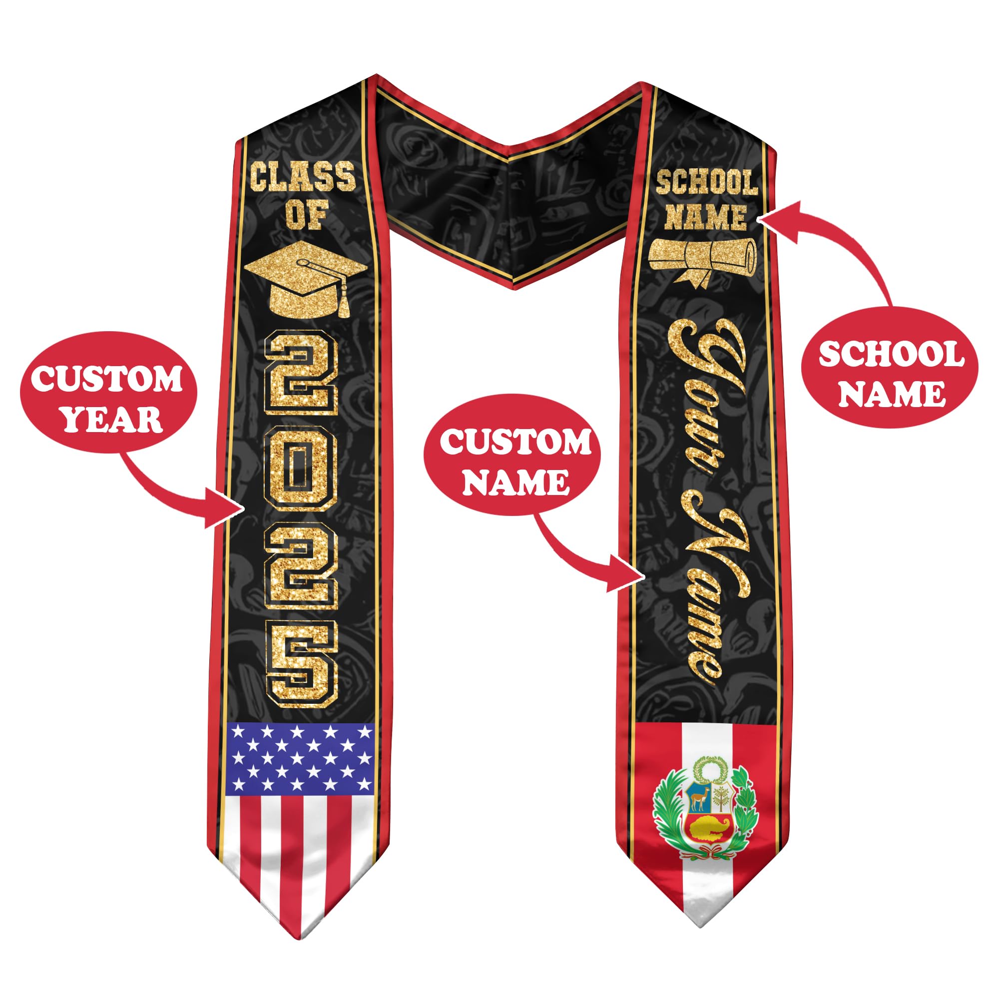 Custom Peruvian Graduation Sash with American Flag - Personalized Peru Stole for 2025 Graduation - Perfect for High School & College Commencement Ceremonies