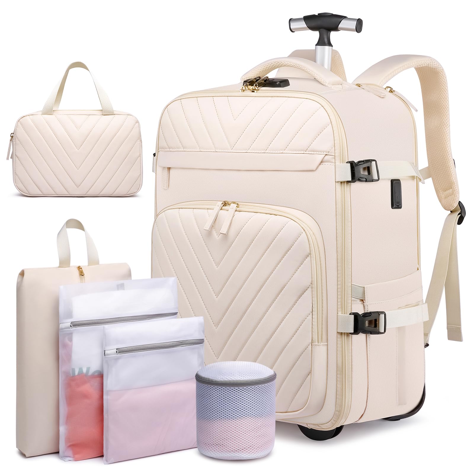 20 Inch Rolling Backpack for Women - Anti-Theft Wheeled Laptop Backpack with USB Charging Port & Lock, Waterproof Business Travel Backpack with 6 Compartments (Beige) - Perfect for Air Travel, Commuting & College Campus Use