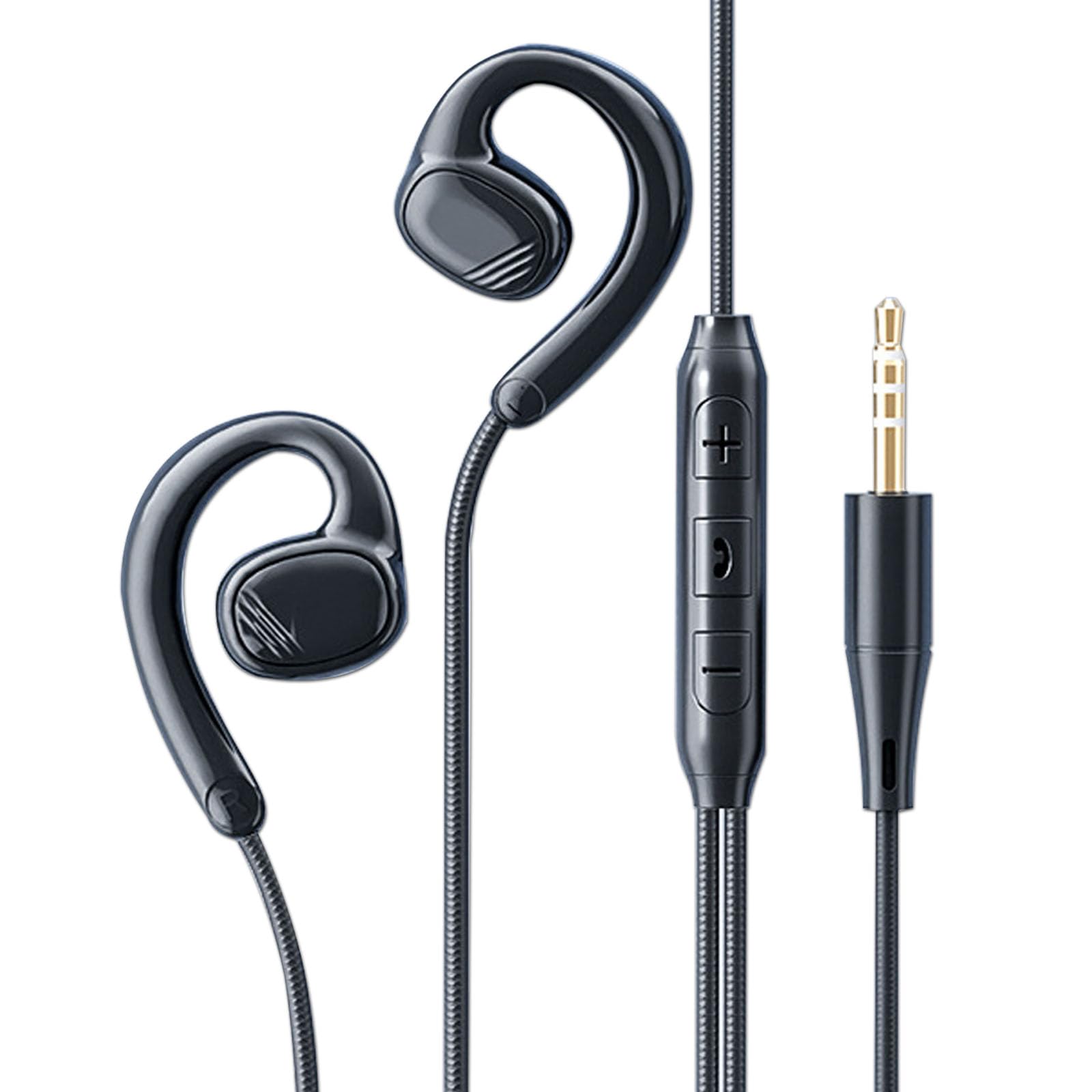 JINSERTA Open Ear Wired Earbuds with Microphone & Volume Control - 3.5mm AUX Headphones for iPhone, Android Phones, Tablets, PC - Lightweight Stereo Headset with Secure Ear Hook for Running, Cycling, Workouts & Gym (Black)