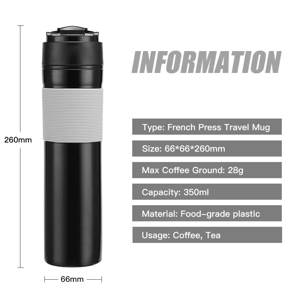 ALLOMN French Press Coffee Maker - 12oz/350ml Portable Travel Mug for Tea & Frothed Milk, Vacuum Insulated Stainless Steel Coffee Press for Home, Office, Camping & Outdoor Adventures (Black) - Perfect for Coffee Lovers & Travel Enthusiasts
