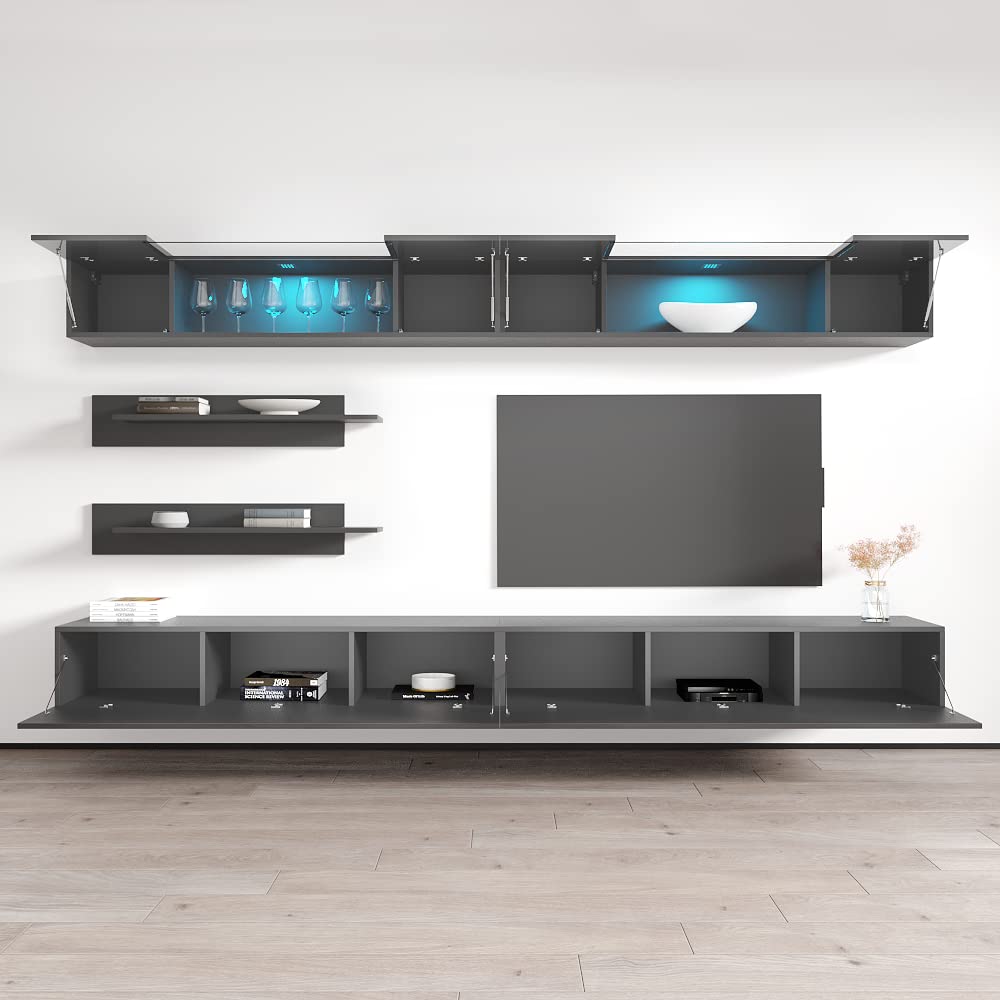 Modern Floating TV Stand with Storage & LED Lights - Wall-Mounted Entertainment Center for Bedroom & Living Room - Space-Saving TV Console with Shelves - Gray - Perfect for Small Spaces & Home Theater Setup
