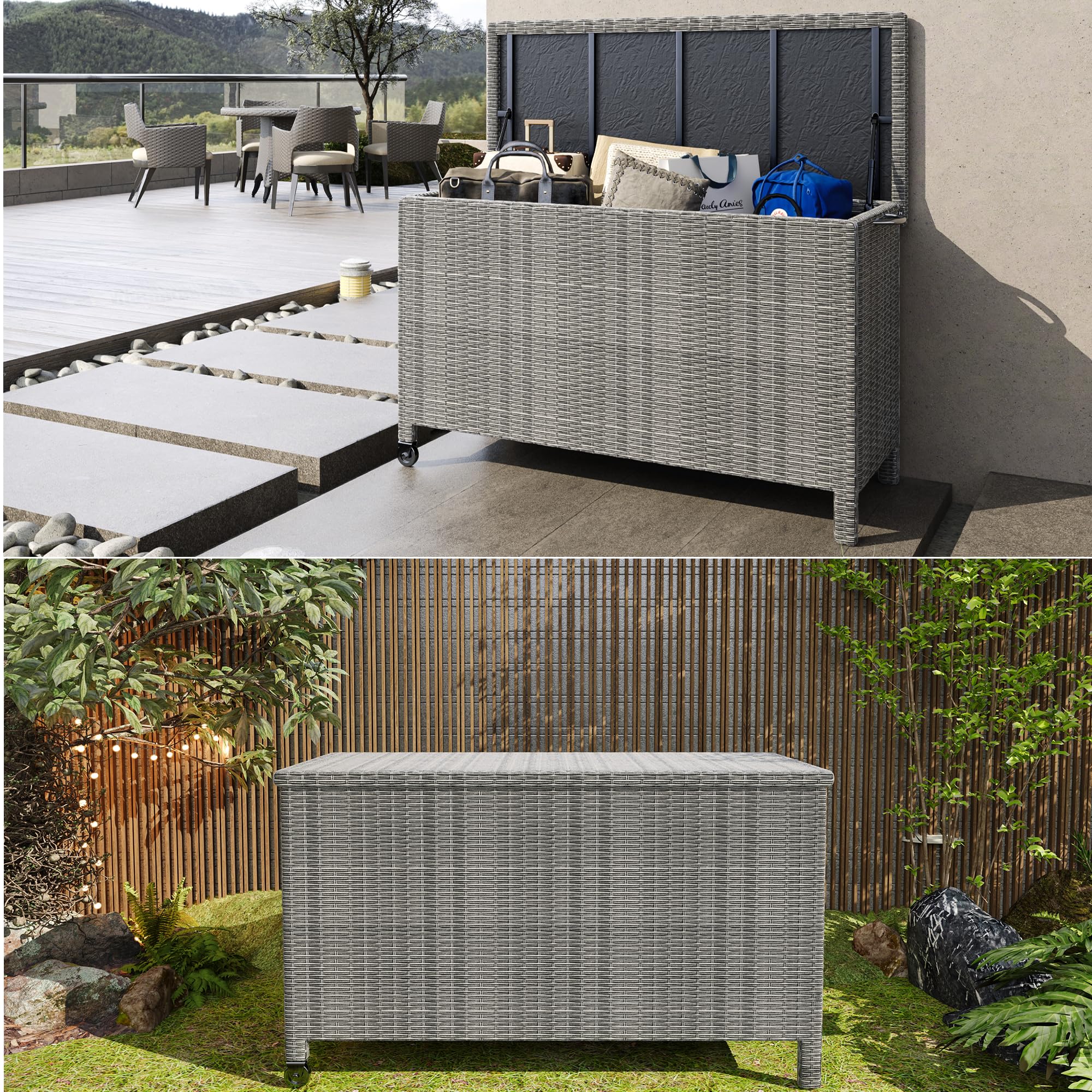 GARVEE 150 Gallon Rattan Deck Box with Wheels & Handles - Waterproof Outdoor Storage Container for Patio Furniture, Garden Tools, Cushions - Perfect for Backyard, Deck, and Garden Organization