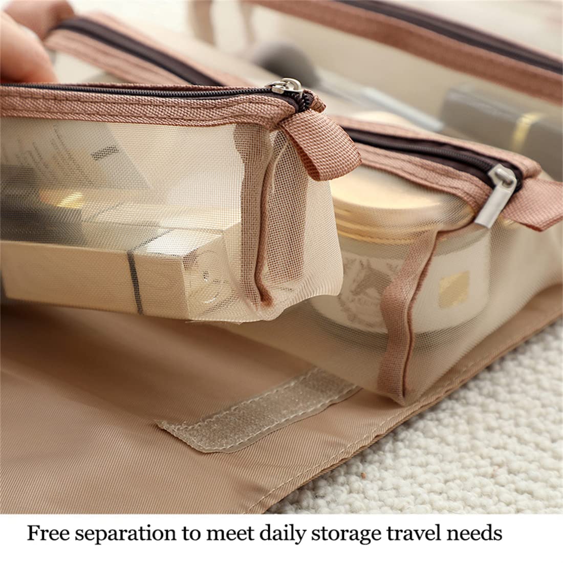 Large Waterproof Hanging Makeup Bag - Foldable Travel Cosmetic Organizer with Detachable Compartments for Toiletries (Brown) | Perfect for Travel, Gym, and Daily Organization