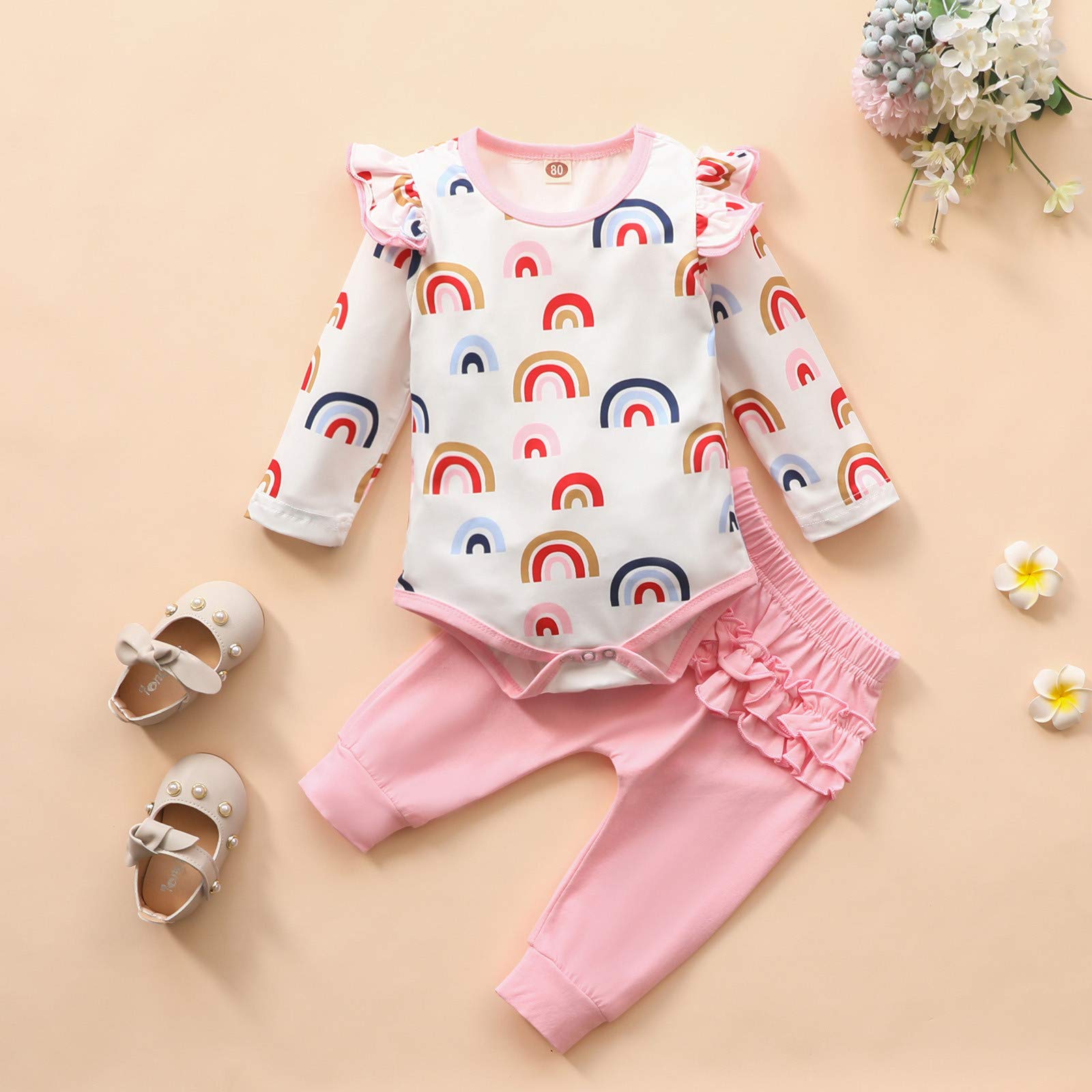 Rainbow Print Baby Girl Romper Set with Ruffles - Autumn Outfits for 0-6 Months (Pink) | Perfect for Fall Photoshoots, Playdates & Special Occasions