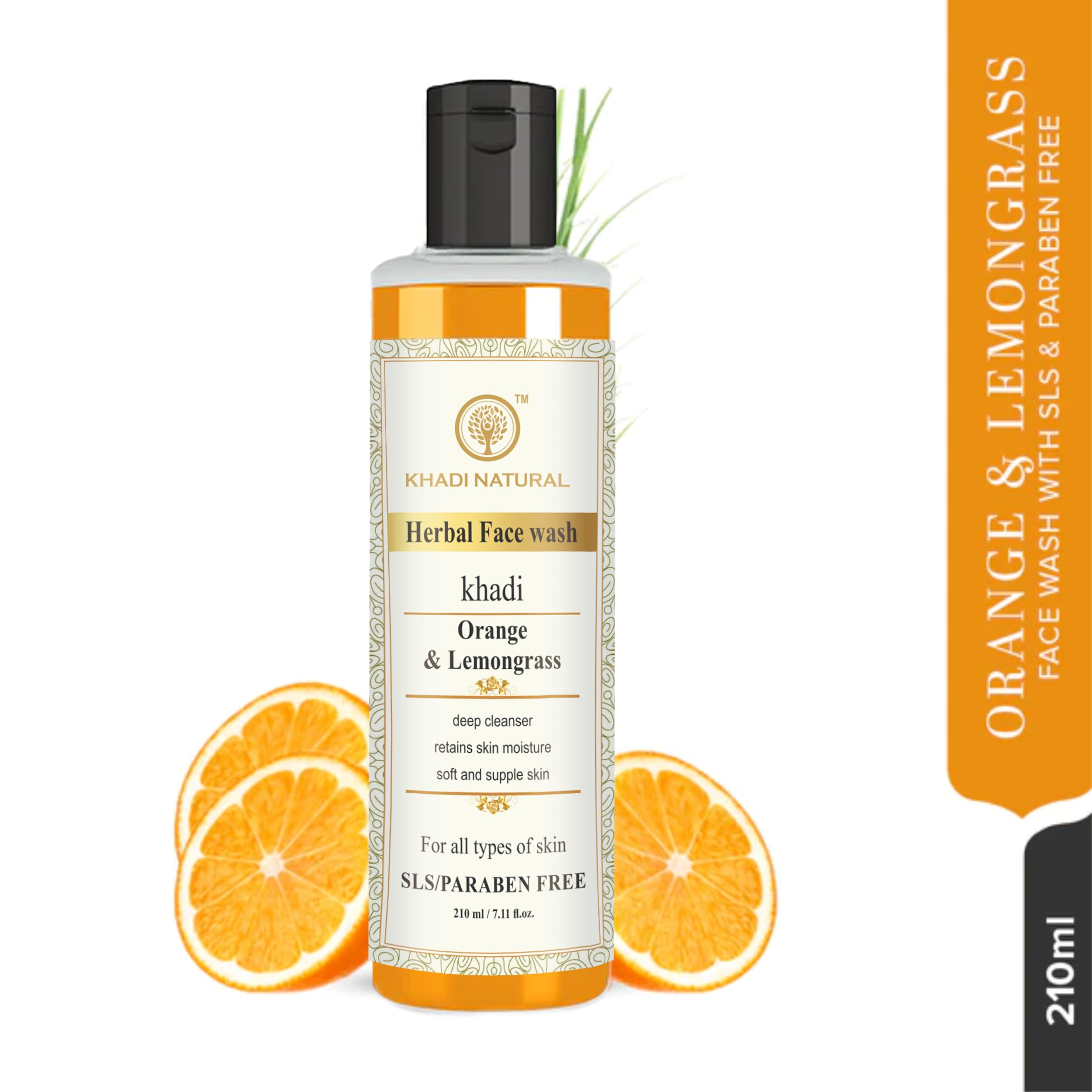 Khadi Natural Orange & Lemongrass Herbal Face Wash for Dry Skin | Organic & Paraben-Free Cleanser | 210ml | Gentle Daily Facial Cleansing for Healthy Glowing Skin | Perfect for Morning & Night Skincare Routine