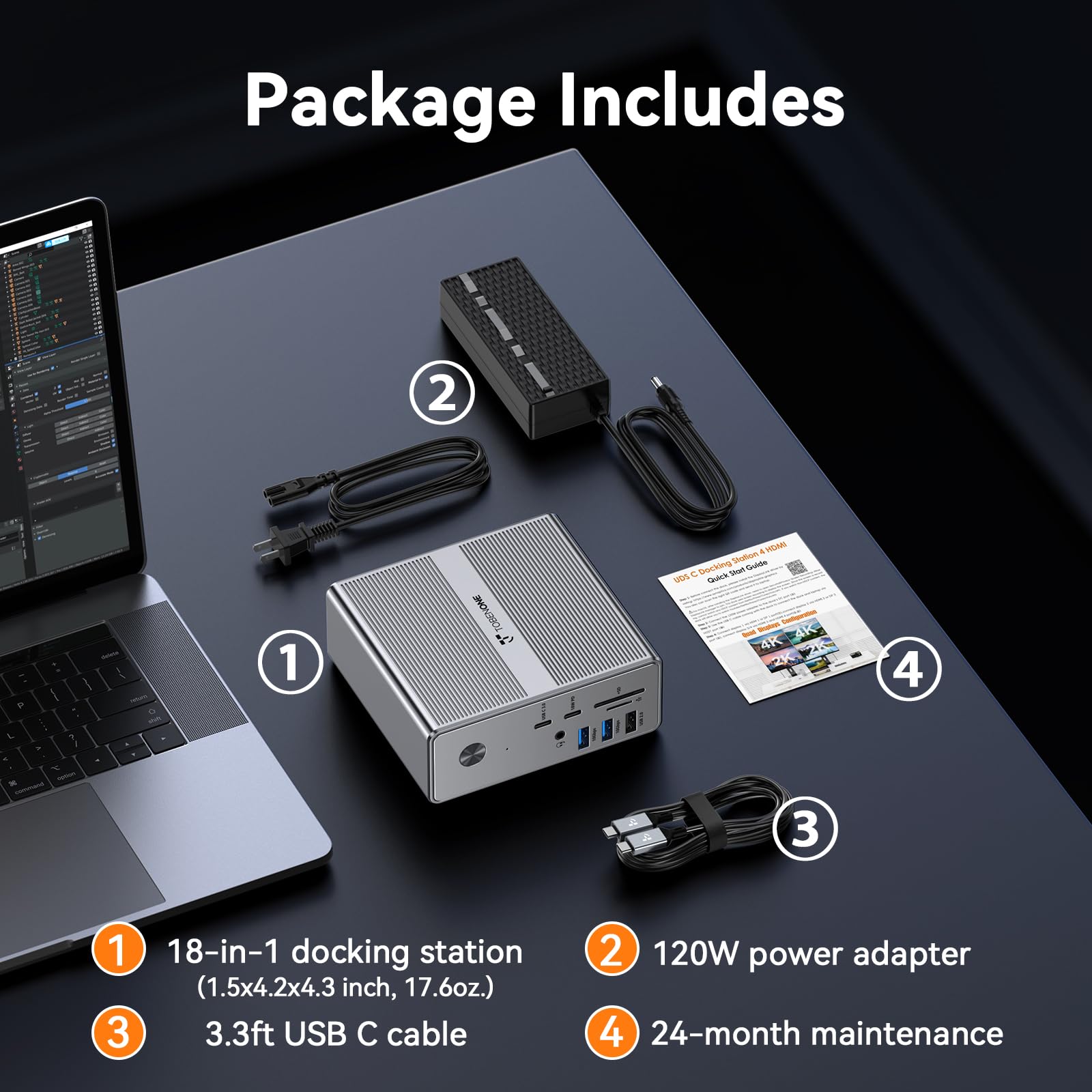 TobenONE 18-in-1 Quad Monitor Docking Station with 4 HDMI Ports, 120W Charger, USB-C Hub for Thunderbolt 4/3 - Compatible with Windows & MacBook (4 USB, 2 USB-C, Ethernet, SD/TF, Audio) - Perfect for Home Office, Gaming & Multi-Screen Workstations
