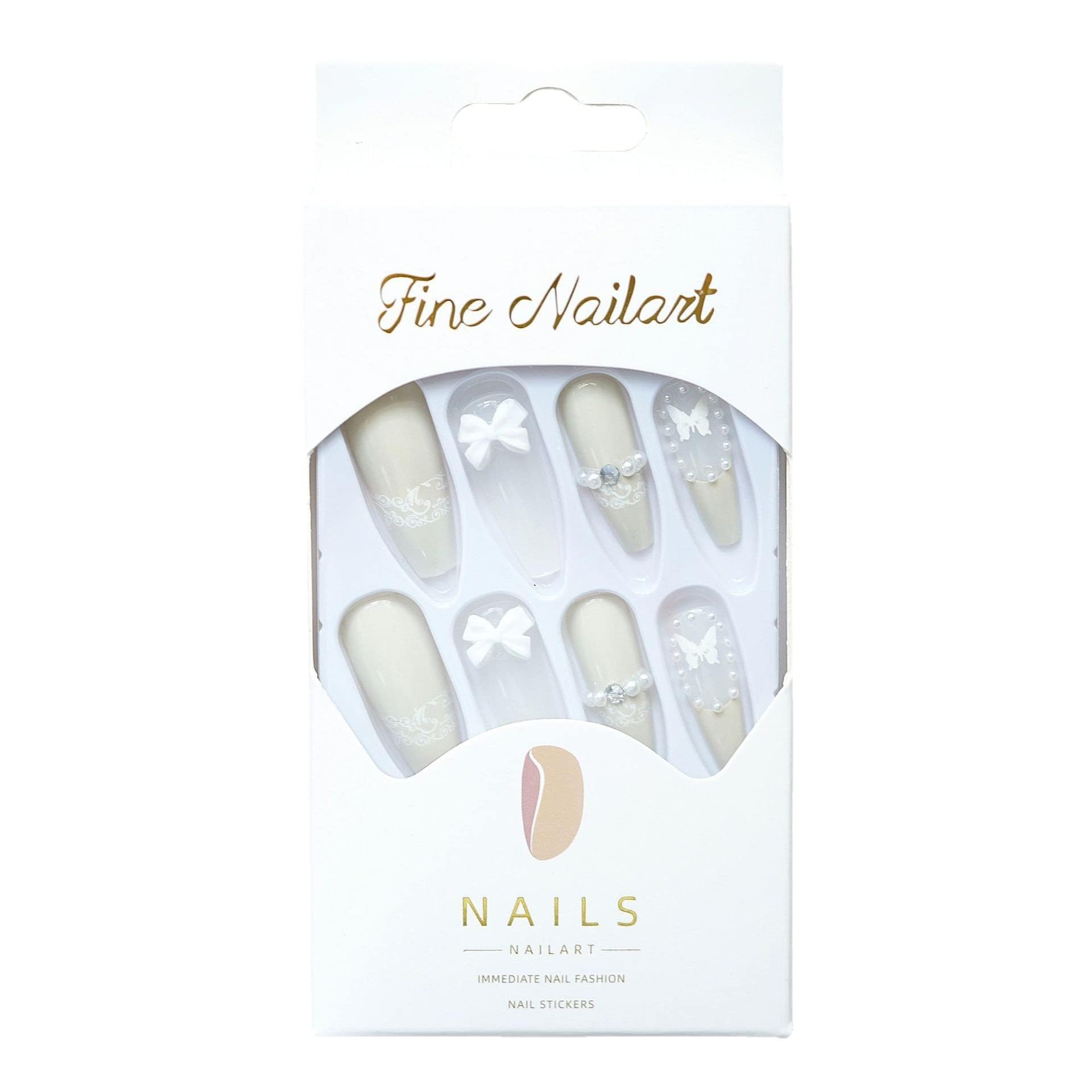 24-Piece Long Press-On Nails - French White Ballerina Style with Flash Diamond Crystals | Full Cover Acrylic Fake Nails with Rhinestones for Women & Girls | Perfect for Parties, Weddings, and Special Occasions