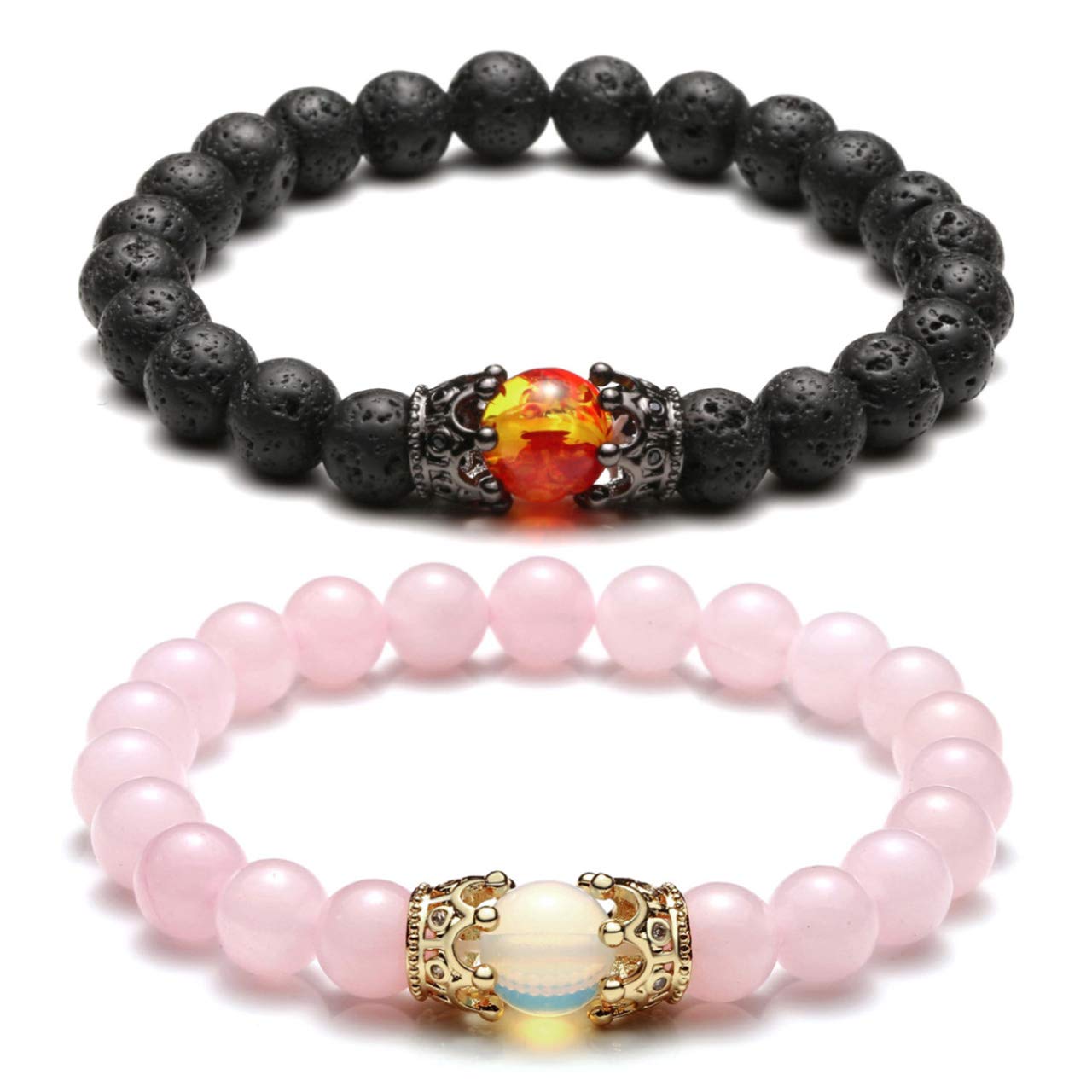 His and Her Couple Bracelets Set - King & Queen Crown Gemstone Beaded Stretch Bracelets for Men & Women | Matching Relationship & Friendship Jewelry Gift | Perfect for Anniversaries, Valentine's Day & Long Distance Couples