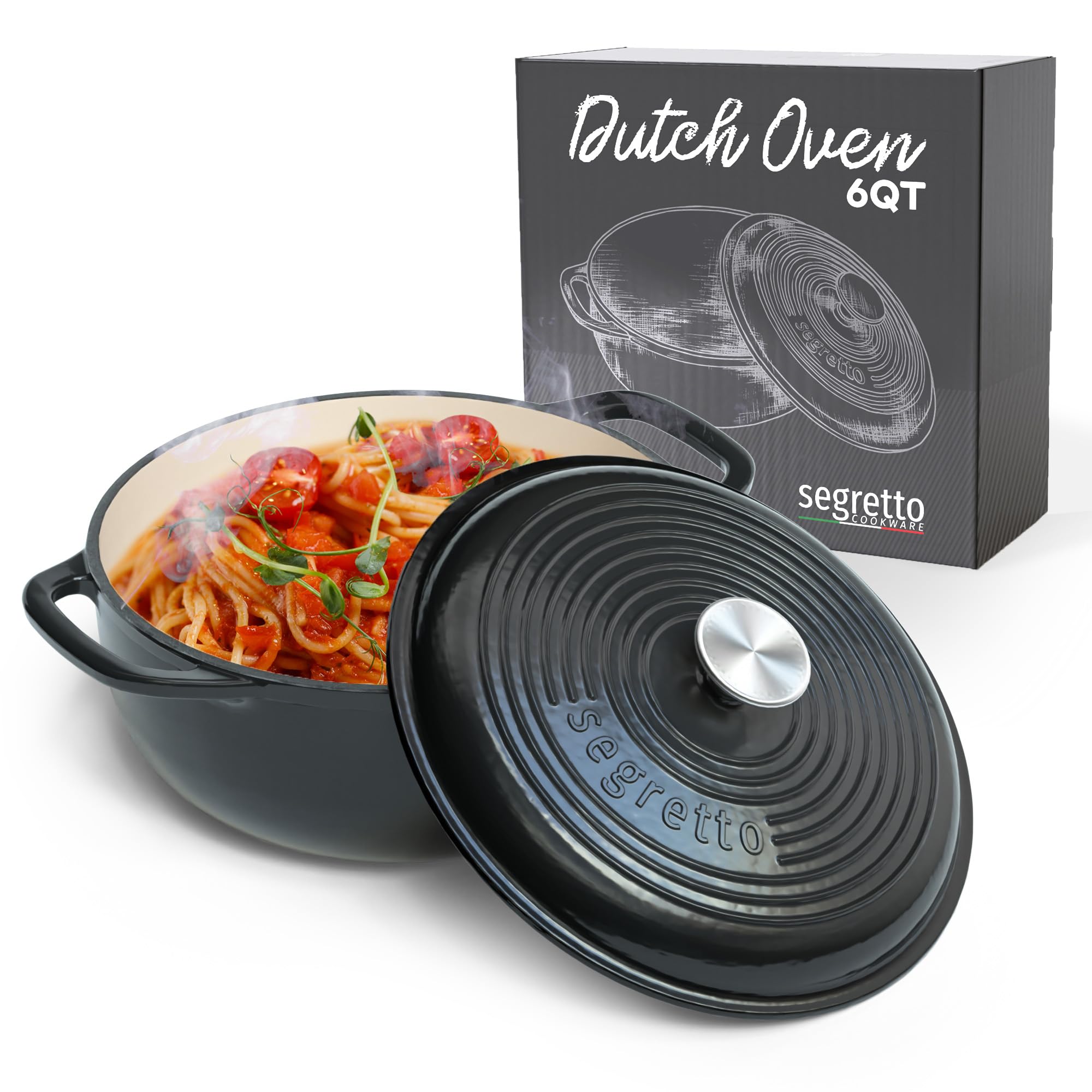 Premium 6-Quart Enameled Cast Iron Dutch Oven - Black - Perfect for Braising, Stewing, Baking & Slow Cooking - Ideal for Soups, Breads & One-Pot Meals