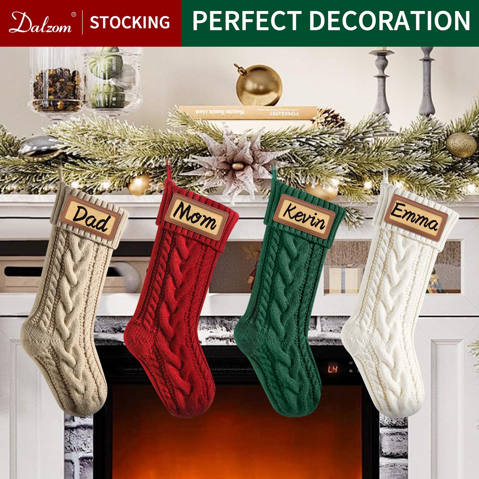 Dalzom® 4Pcs Personalized Christmas Stockings with Leather Patches - Custom Name Embroidery, 18” Large Knitted Holiday Stockings for Kids & Family - Perfect for Fireplace Decor, Christmas Party, and Festive Home Decoration