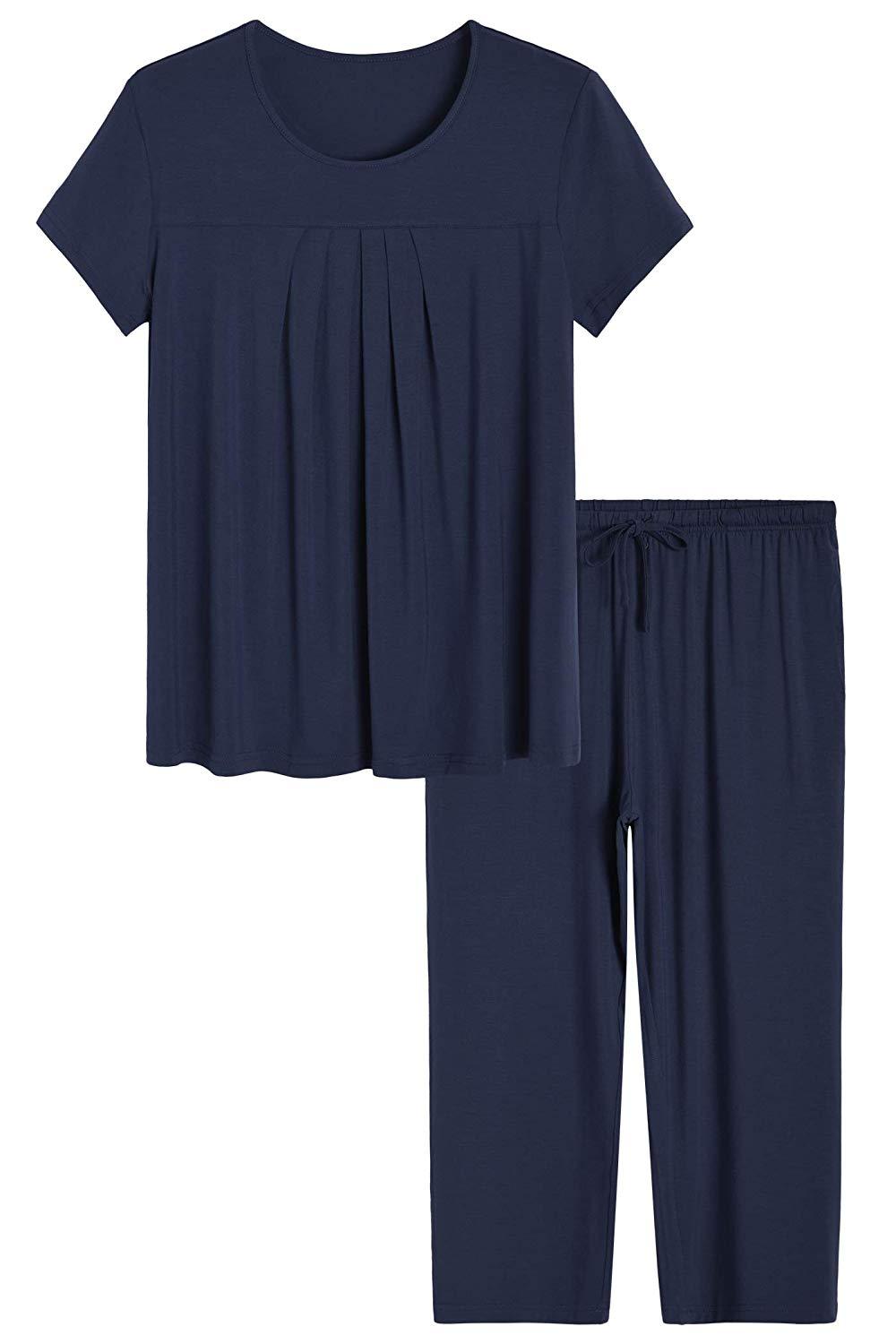 Soft & Breathable Women's Bamboo Pajama Set - Pleated Top & Capri Pants for Comfortable Sleep & Lounge Wear - Perfect for Nighttime Relaxation, Spa Days & Cozy Evenings at Home