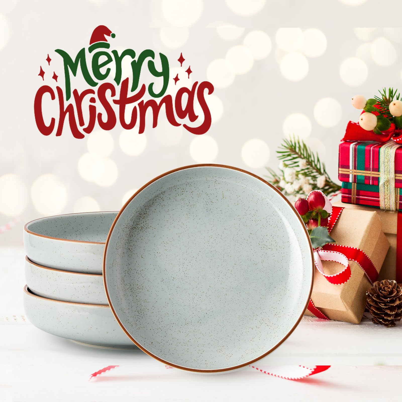 SIDUCAL 40 oz Ceramic Pasta Bowls Set of 4 - Large Microwave & Dishwasher Safe Porcelain Salad Dishes for Pasta, Soup, Salad - Perfect for Mother's Day Gift, Family Dinners & Entertaining (Light Gray)