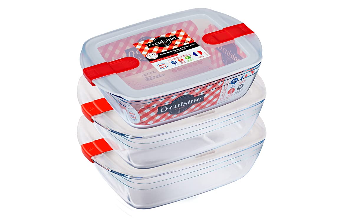 334S116 Rectangular Tempered Borosilicate Glass Food Storage Containers - Microwave & Oven Safe (Lid Not Included) - BPA Free 3-Piece Set Made in France - Perfect for Meal Prep, Leftovers & Reheating