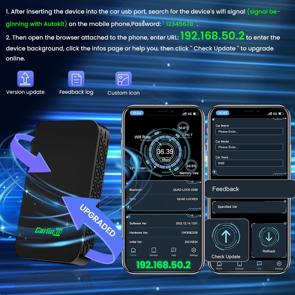 CarlinKit 5.0 Wireless Android Auto & Apple CarPlay Adapter (2025 Model) - Dual Channel Connection, Plug & Play USB Dongle for Cars 2016+ | Convert Wired to Wireless | Perfect for Commuting, Road Trips & Hands-Free Driving