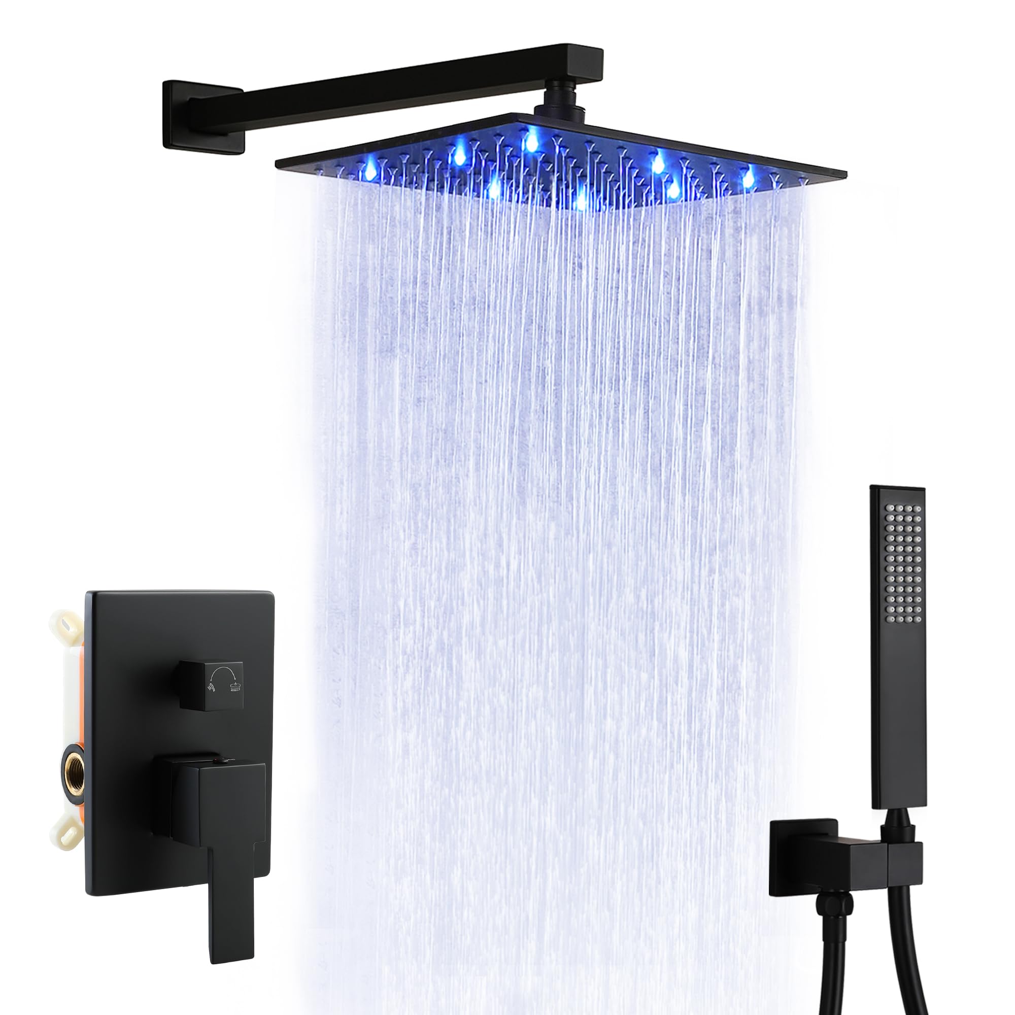 SKOWLL Matte Black Rainfall Shower Head Set - 12 Inch LED Shower System with 2-Function Valve Kit, Wall Mount Overhead Shower Faucet for Bathroom & Spa Experience | Modern Black Shower Head and Handle Combo