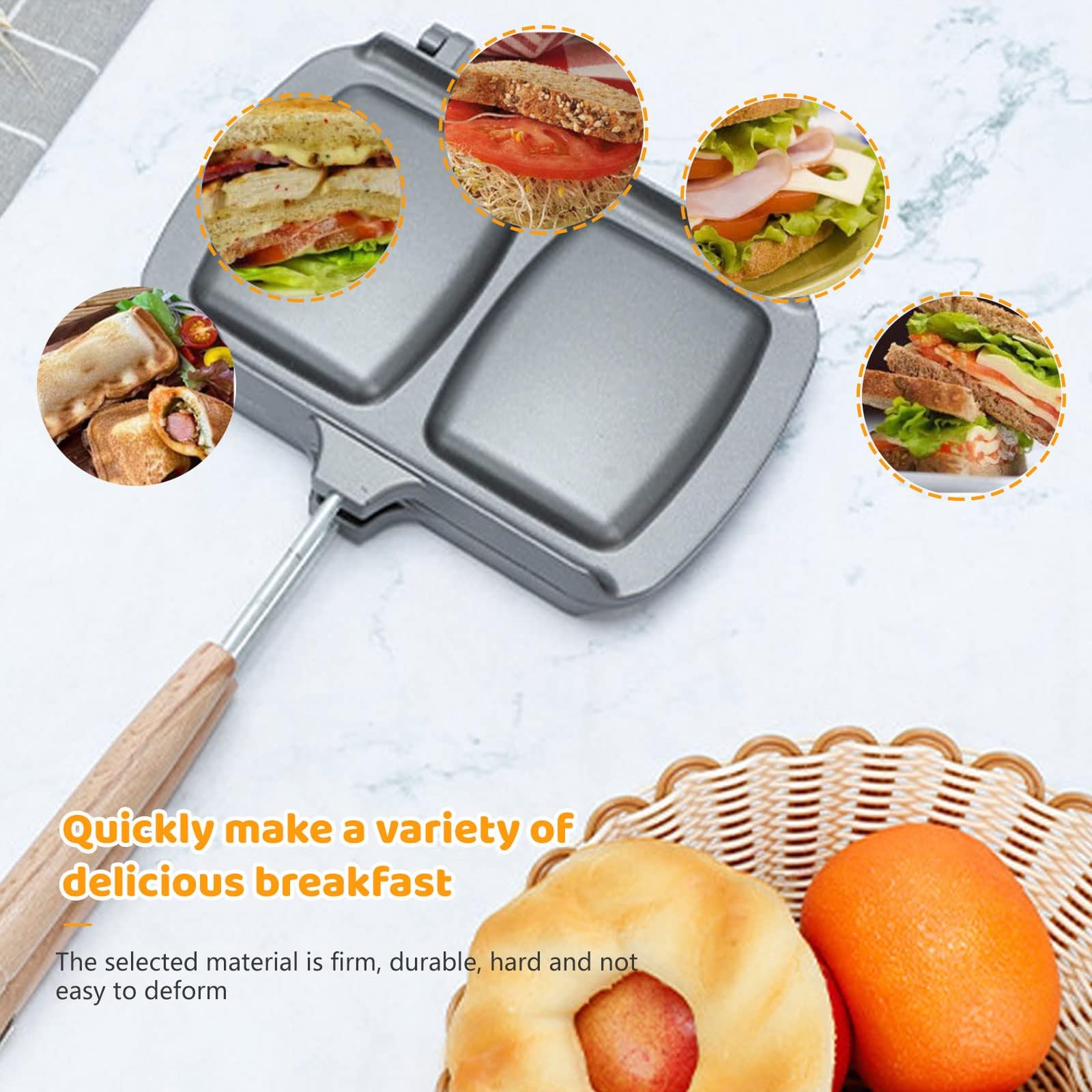 Double-Sided Cast Iron Sandwich Maker - Removable Handle for Pancakes, Toast & Omelets | Perfect for Camping, Breakfast & Quick Meals