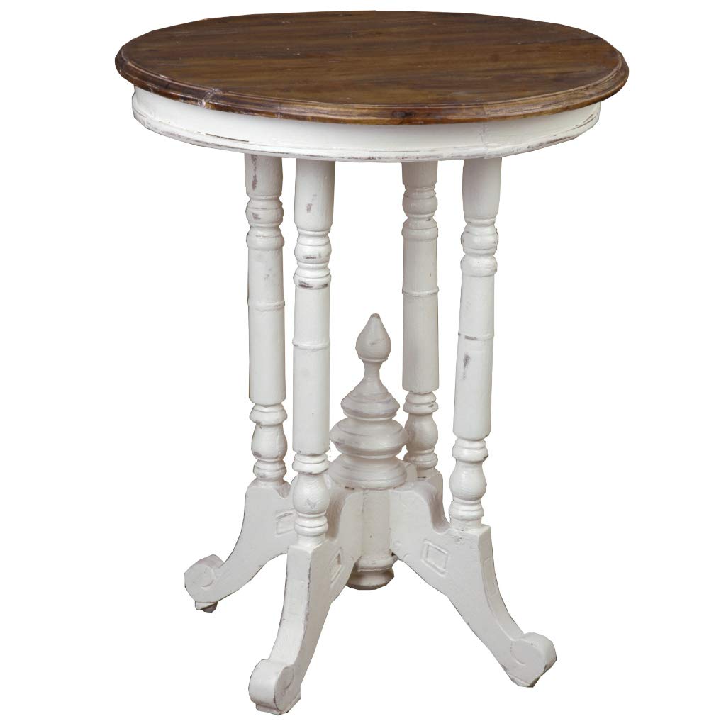 Vintage Shabby Chic Cottage Side Table - Small Ornate Farmhouse End Table with Antique White Finish & Rustic Wood Top - Perfect for Bedroom, Living Room or Cottage Decor