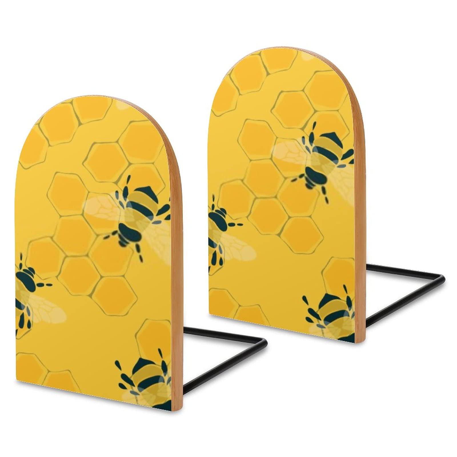 Bee and Honeycomb Bookends Set of 2 - Handcrafted Wooden Bookshelf Organizers for Home, Nursery, Family Room & Library Decor - Perfect Gift for Book Lovers & Bee Enthusiasts (Great for Themed Rooms, Baby Showers & Reading Nooks)