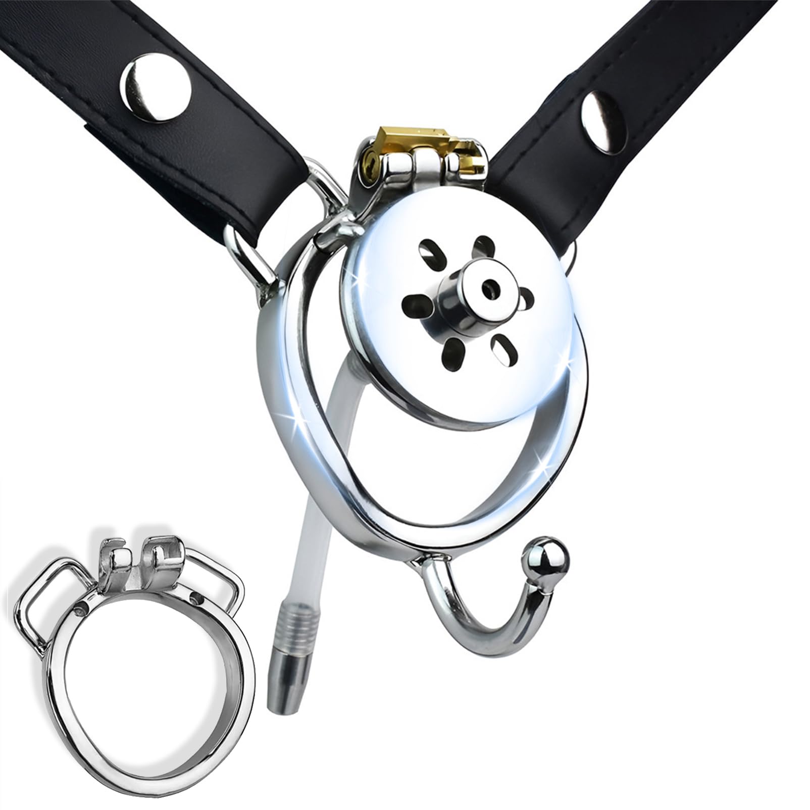 Metal Chastity Cage for Men with Dilator & Belt - Negative Flat Design, Portable Extreme SM Cock Bondage Sex Toy for Couples (50mm Arc Ring, 192+ Belt) - Perfect for BDSM Play, Couples Bondage & Role-Playing Scenes