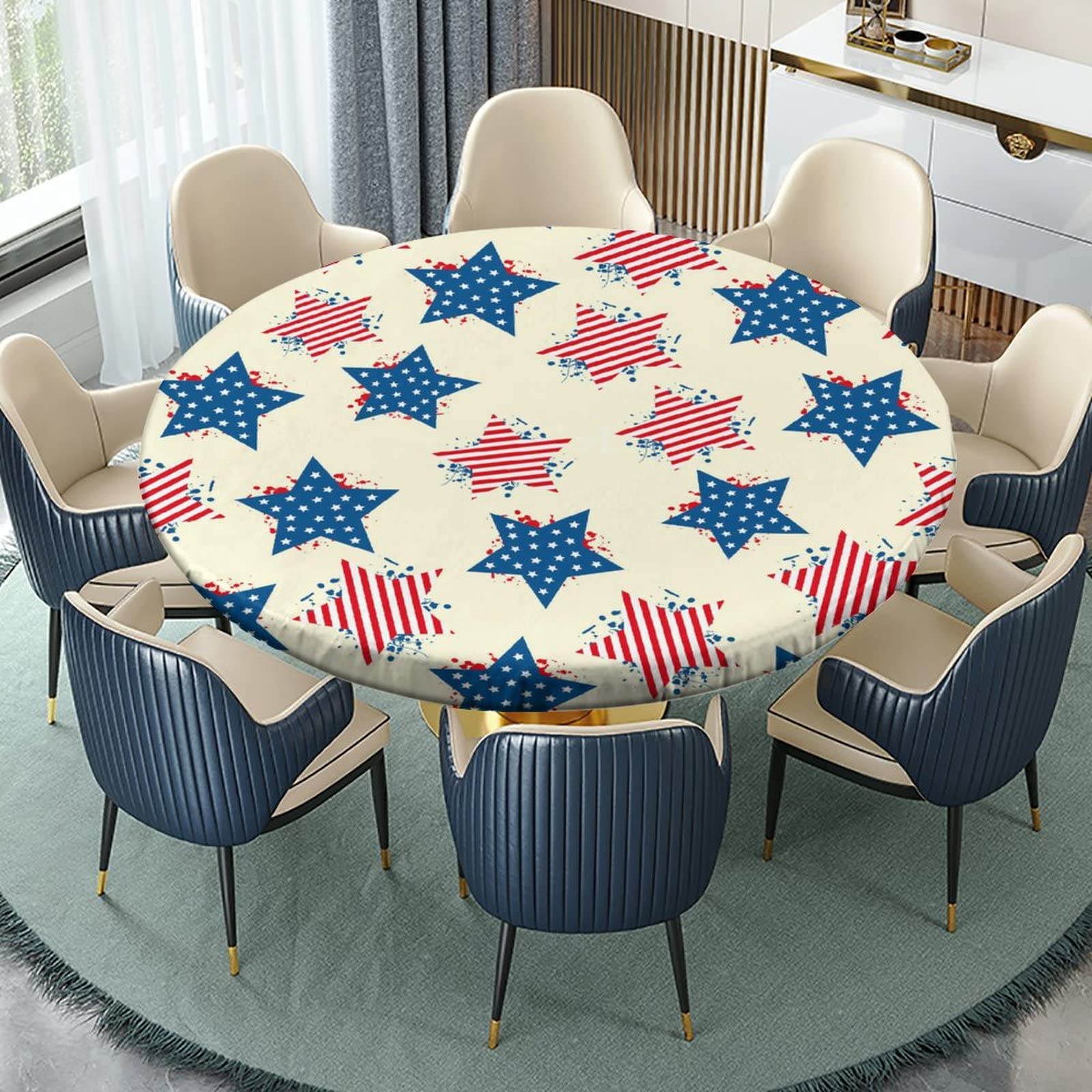 SCGOLD 5-Pointed Star Elastic Edge Round Tablecloth - Fits 52 Inch Diameter Tables for 4th of July, Independence Day, Kitchen, Cafe, Outdoor & Party Decor | Perfect for Dining Tables, Picnics, BBQs and Patriotic Celebrations