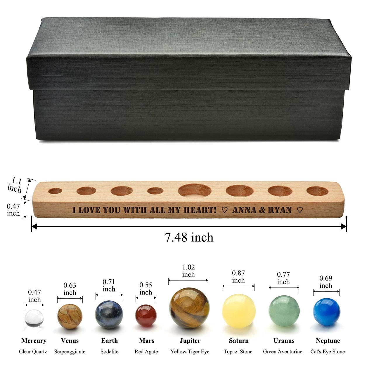 Custom Solar System 8 Planets Handmade Natural Gemstone Balls with Wooden Stand - Personalized Free Engraving Desk Ornament - Unique Home Decor Gift for Astronomy Lovers, Office & Living Room Decorations