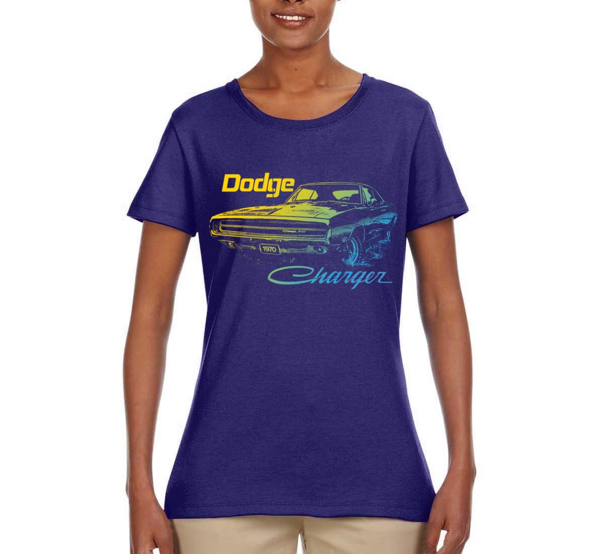 Vintage 1970 Dodge Charger Classic Neon Retro Silhouette Graphic T-Shirt for Women - Retro Car Lover Tee for Casual Wear, Car Shows & Automotive Enthusiasts