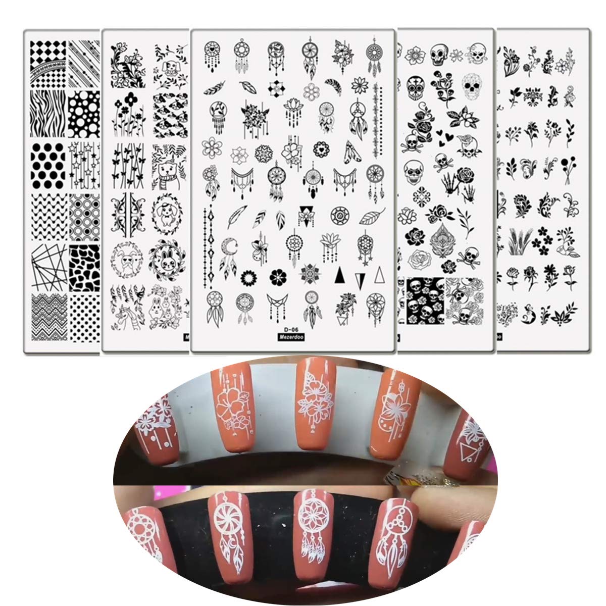 5-Piece Large Nail Stamping Plates Set - Rose, Skull, Leaf, Panda Designs - 9.5x14.5CM Rectangle Nail Art Templates for Professional & DIY Manicures - Perfect for Home Salons, Parties & Gift Giving
