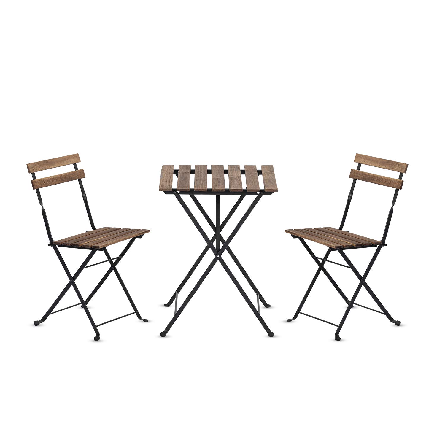 Premium 3-Piece Patio Bistro Set - Acacia Wood Outdoor Furniture with Anti-Rust Steel Folding Chairs & Table for Porch, Yard, Balcony - Dark Brown - Perfect for Small Spaces, Apartment Patios & Garden Relaxation
