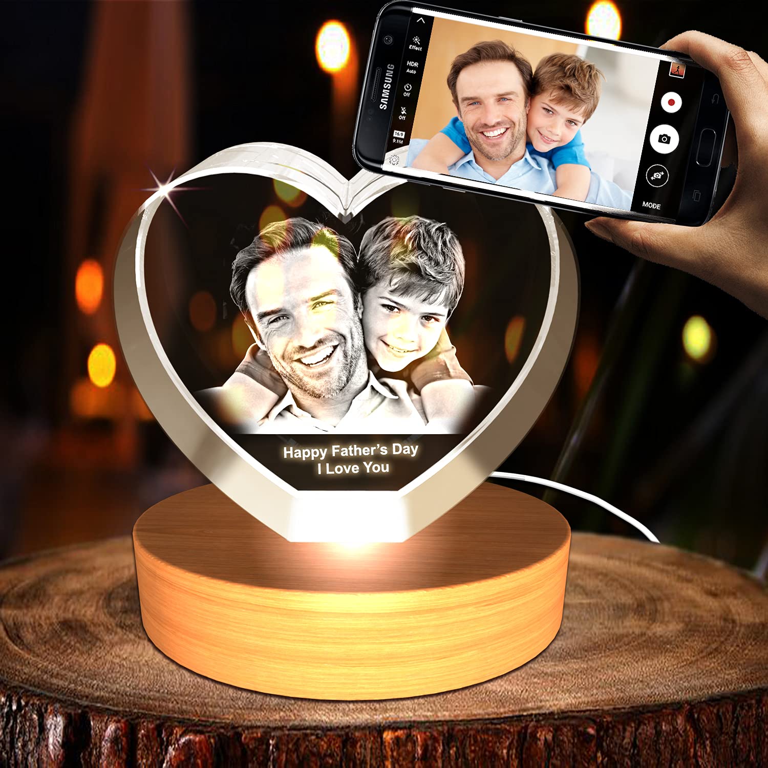 Personalized Father's Day 3D Engraved Crystal Photo Gift with Small Heart - Customized Keepsake for Dad's Birthday, Anniversary & Special Occasions - Perfect Home & Office Desk Decor