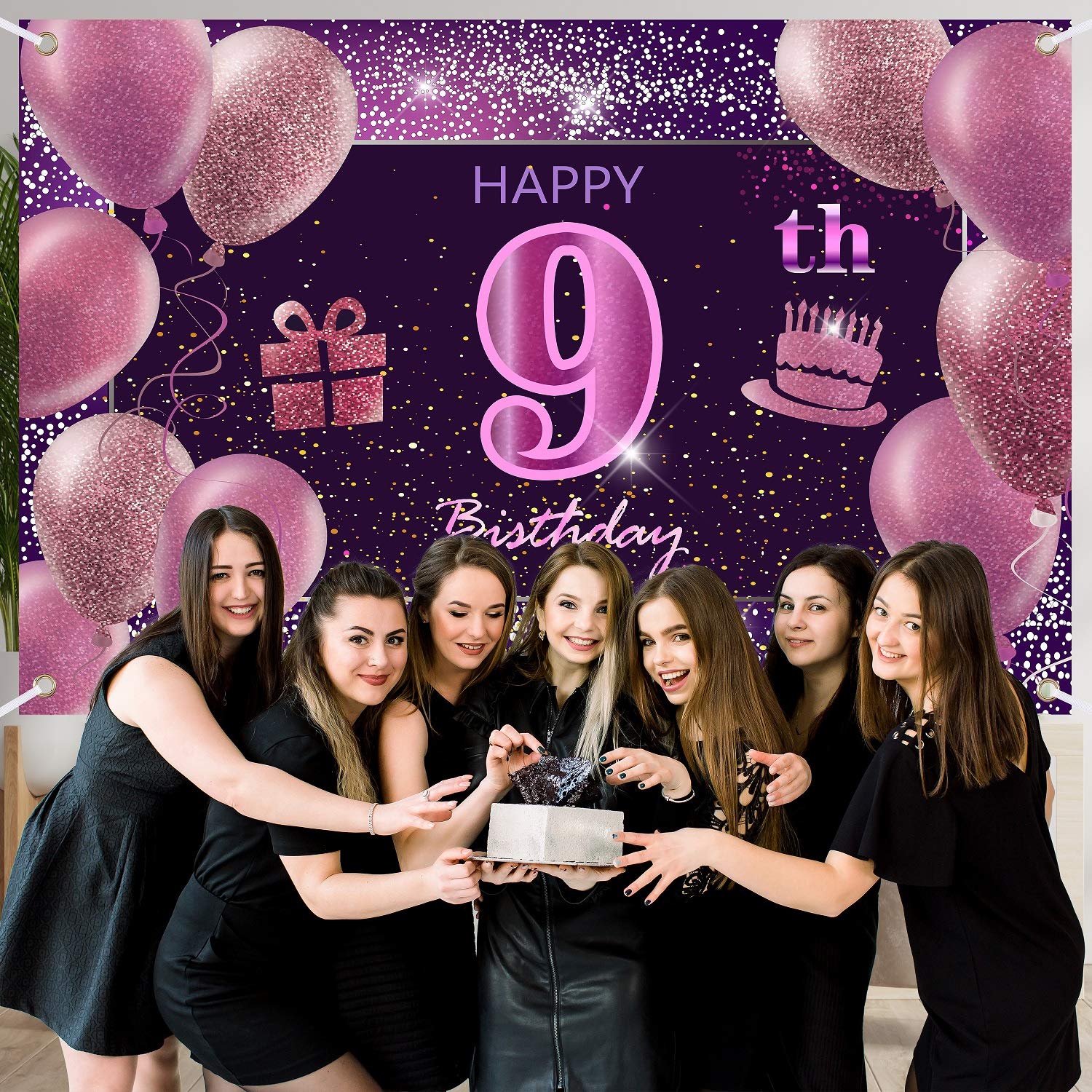 IMISI Pink Happy Birthday Banner & Backdrop - 9th Birthday Party Decorations for Girls & Women | Perfect for Birthday Celebrations, Photo Booths & Party Backdrops