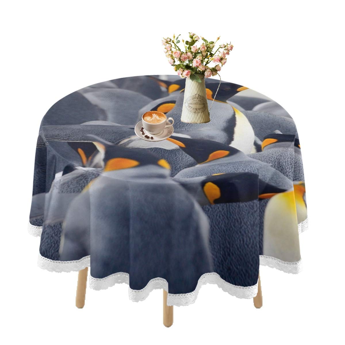 Waterproof Round Tablecloth 60 Inch - King Penguin Birds Design Lace Table Cover for Outdoor Dining, Kitchen, Holiday Picnic & Party Decorations | Durable Polyester Fabric for Indoor & Outdoor Use