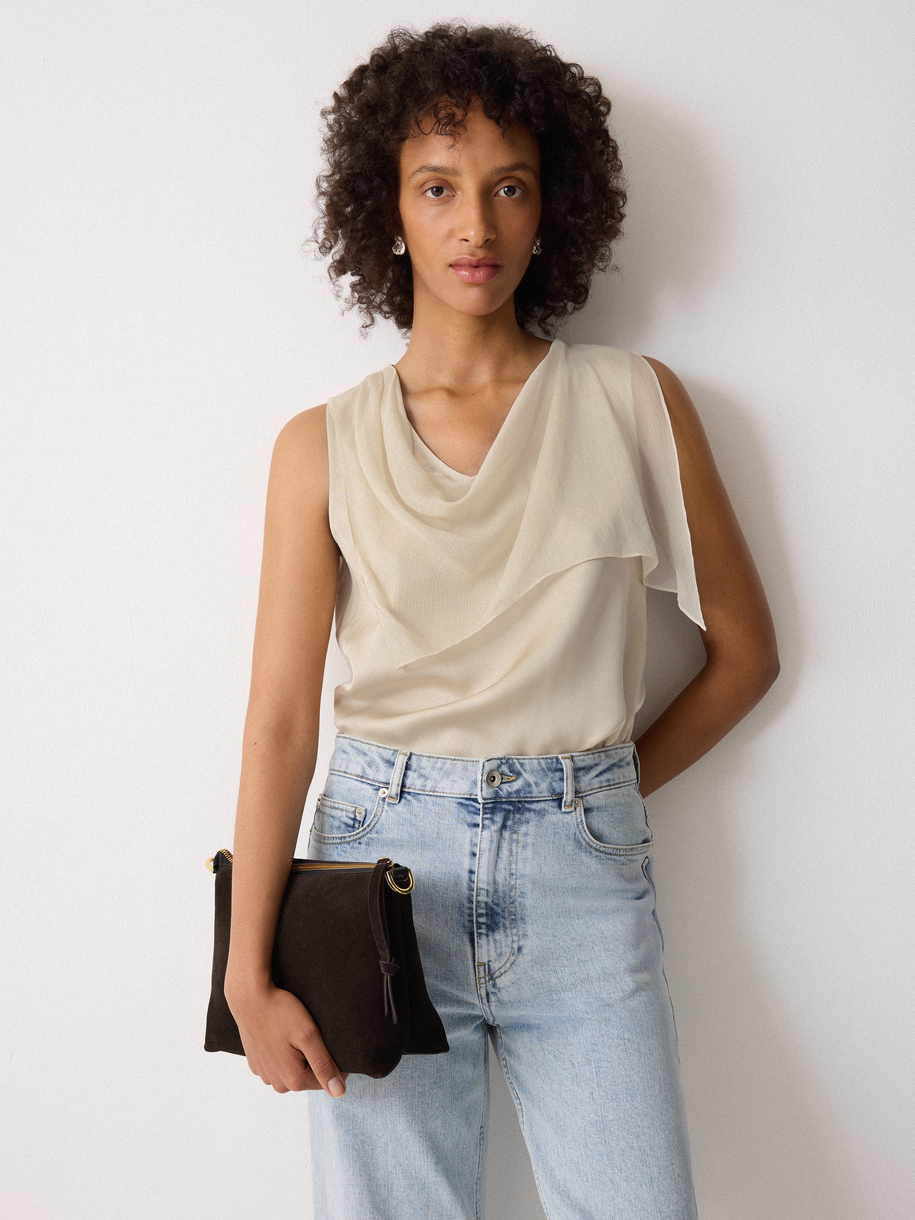 Elegant Cream Silk Trim Drape Top for Women - Perfect for Evening Parties & Special Occasions