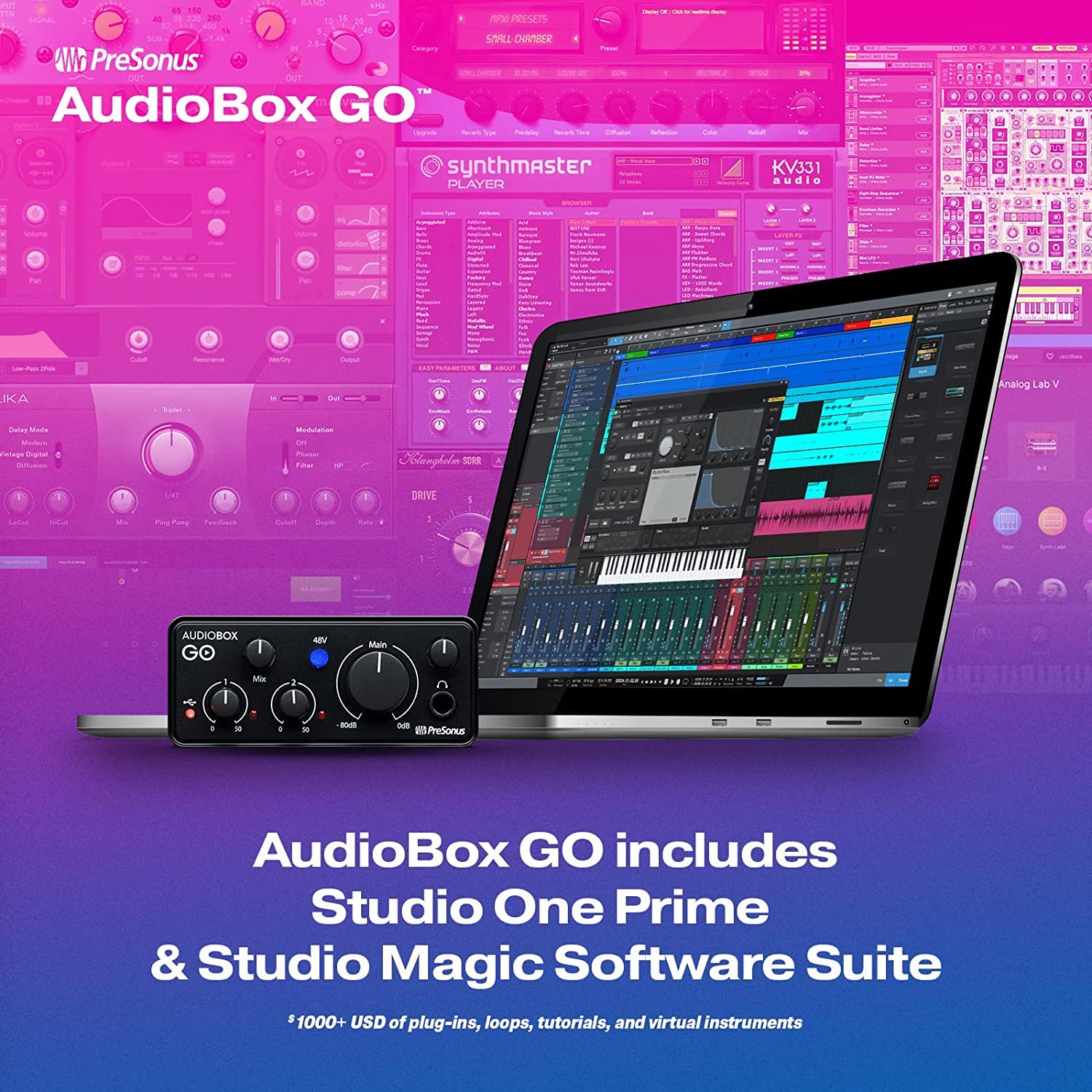 PreSonus AudioBox GO USB-C Audio Interface for Music Recording & Production - Includes Studio One Prime DAW Software, Virtual Instruments & LyxPro Condenser Mic - Perfect for Home Studios, Podcasting & Live Streaming