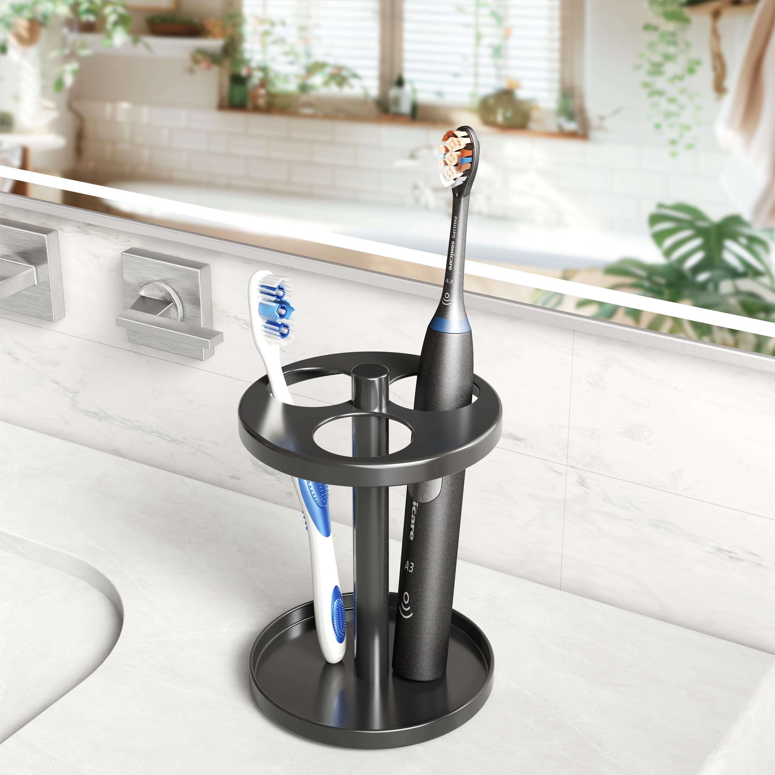 Stainless Steel Electric Toothbrush Holder - Ventilated Bathroom Organizer with Separate Slots for Toothbrushes & Razors, Wall Mount or Countertop Storage, Black | Perfect for Modern Bathrooms & Travel Essentials Organization