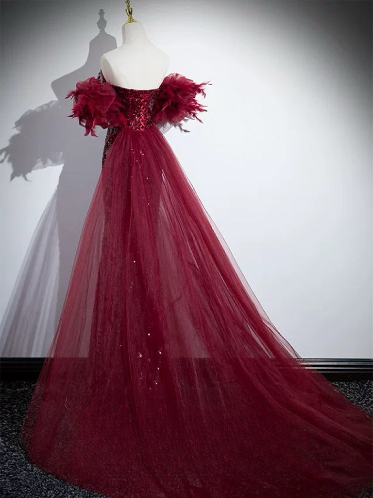 Elegant Mermaid Off Shoulder Sequin Burgundy Long Prom Dress for Women - Stunning Burgundy Evening Gown for Formal Events, Homecoming, and Special Occasions