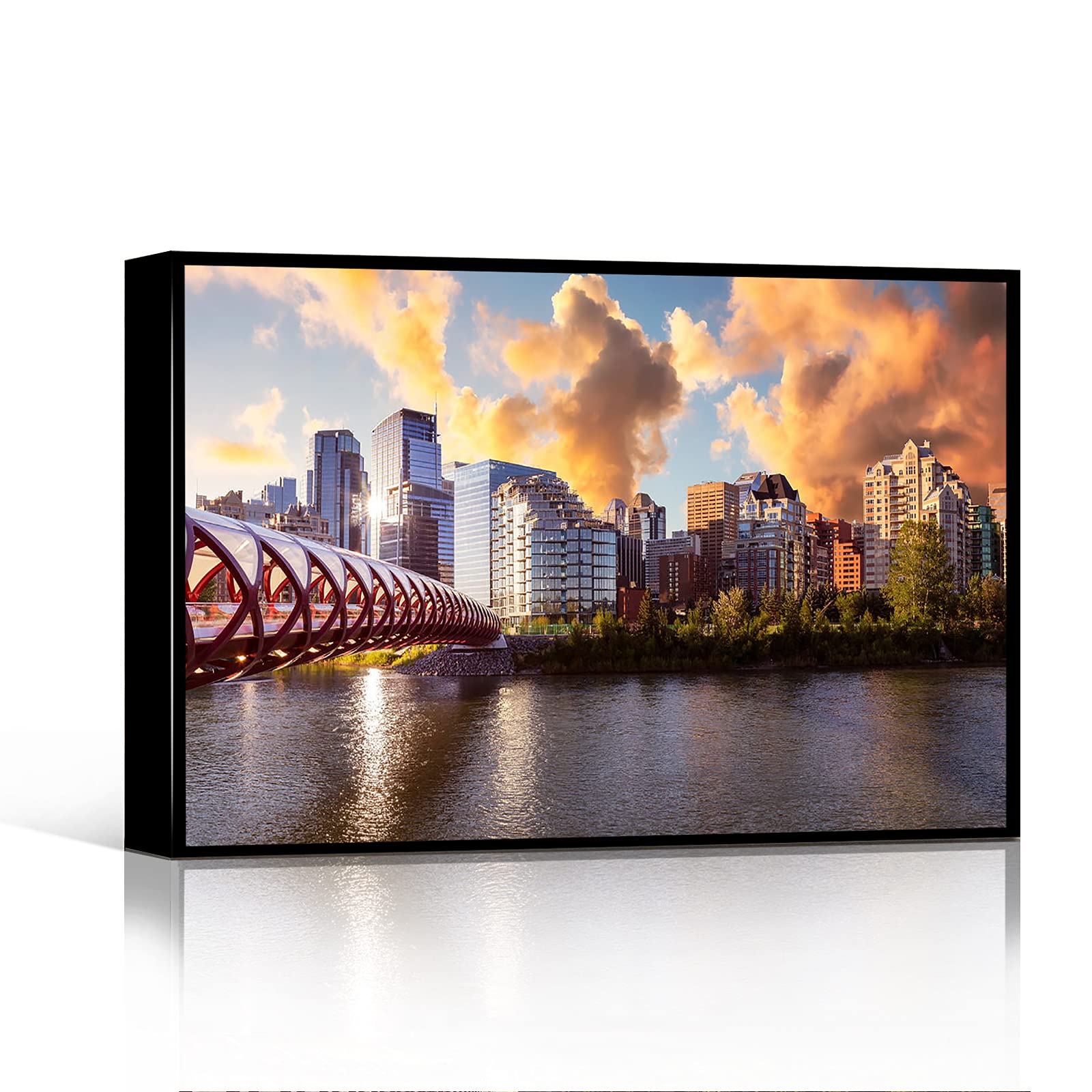 Modern Seascape Wall Art - 16''x24'' Wood Framed Canvas Print of Calgary Peace Bridge, Canada | Formal Living Room Decor & Office Wall Art