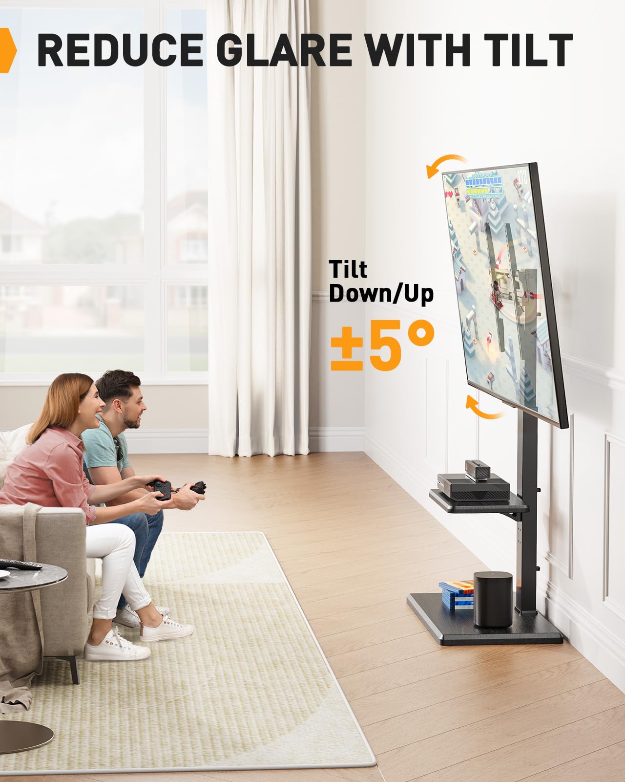 Perlegear Rolling TV Stand with Hidden Wheels - Adjustable Height TV Stand for 30-60 inch TVs (Up to 88 lbs), Wood Base Floor TV Stand with 8 Height Settings & Max VESA 400x400mm - Perfect for Living Room, Bedroom, or Home Theater Setup (Model PGFS14)