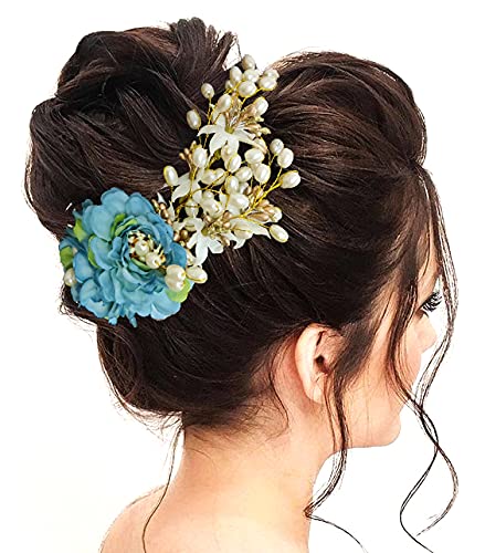 Artificial Peony Flower Hair Comb with Pearls - Elegant Hair Slide & Bun Accessory for Women & Girls (Blue) | Perfect for Weddings, Prom & Special Occasions