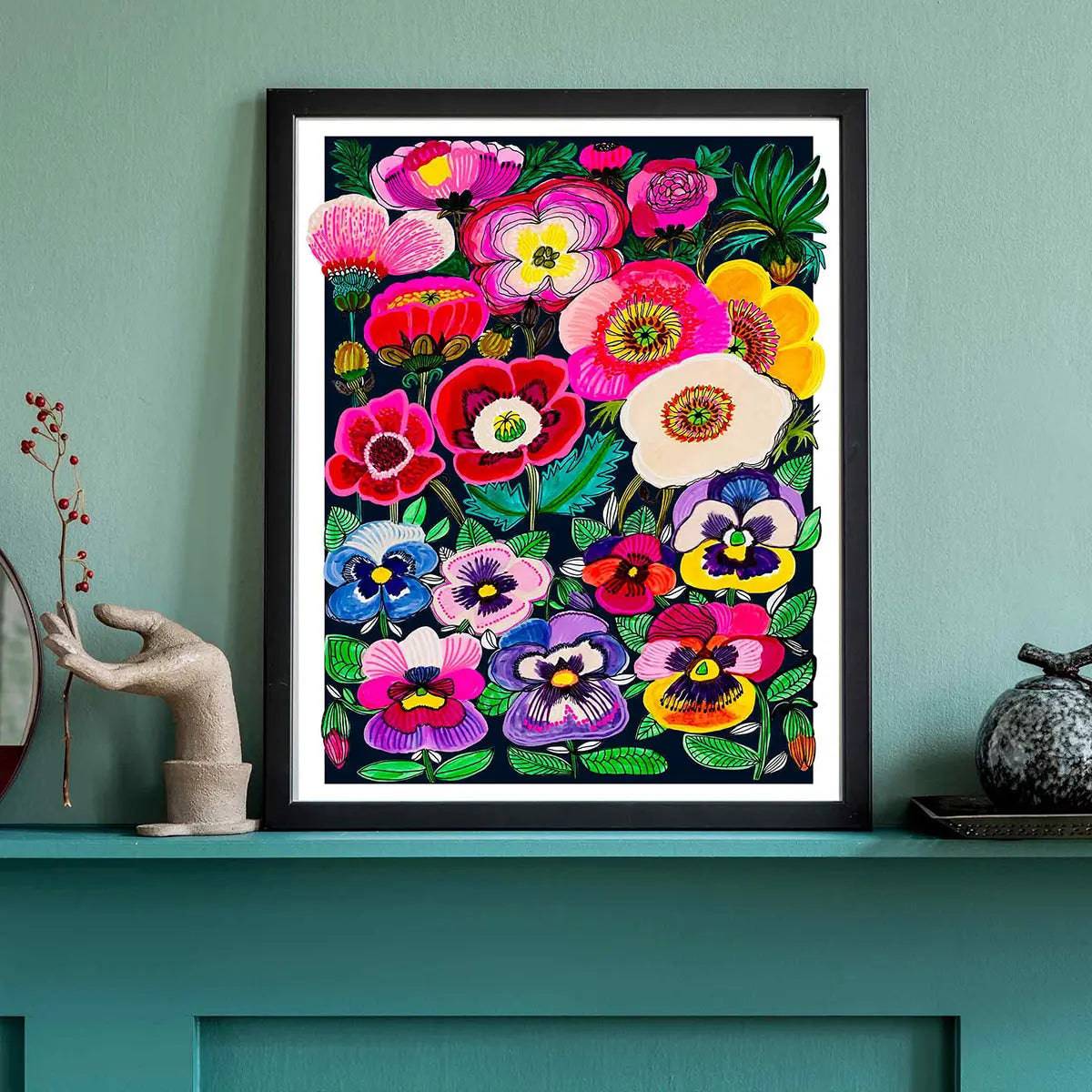 Midnight Pansies and Poppies Wall Art Print - Floral Botanical Painting for Living Room, Bedroom & Office Decor
