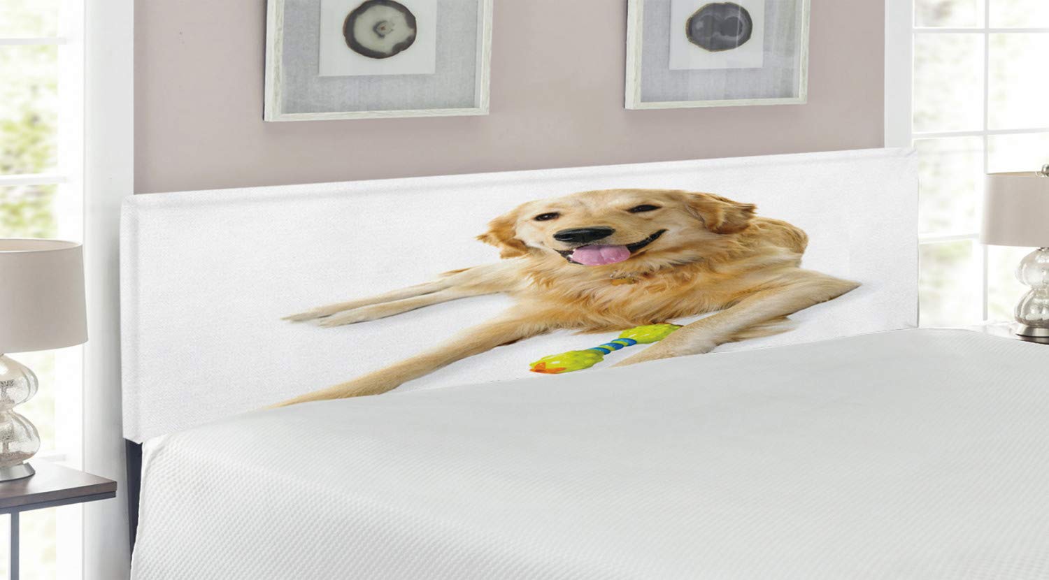Ambesonne Golden Retriever Dog Headboard - King Size Upholstered Metal Bed Headboard with Memory Foam, Multicolor Pet Lover Home Decor - Perfect for Dog Lovers' Bedroom, Guest Room & Pet-Friendly Spaces