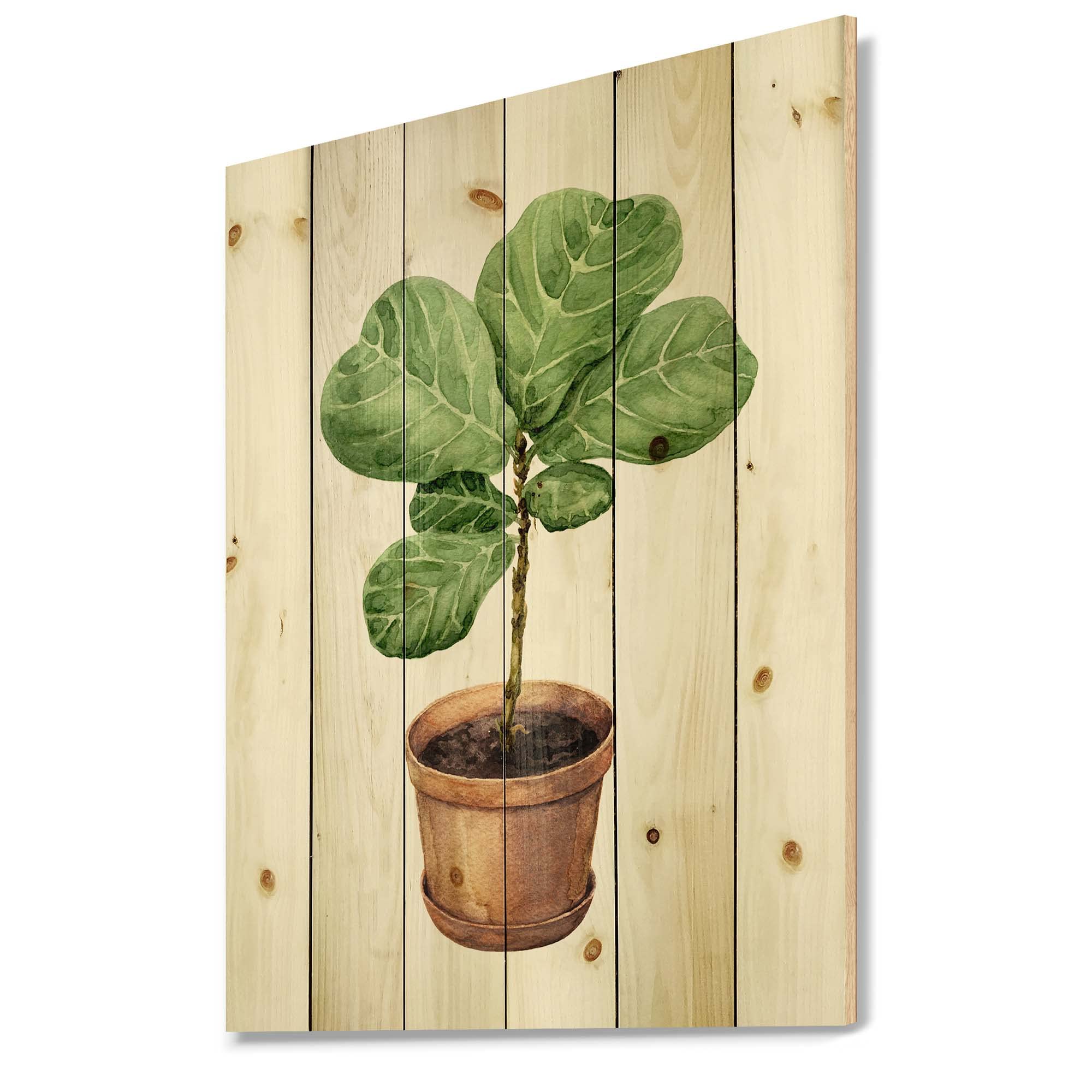 DesignQ Ficus Lyre Wall Art in Clay Pot - Large Floral Wood Wall Decor Panel Printed on Natural Pine - Traditional Wood Wall Hanging for Living Room, Bedroom & Office Decor