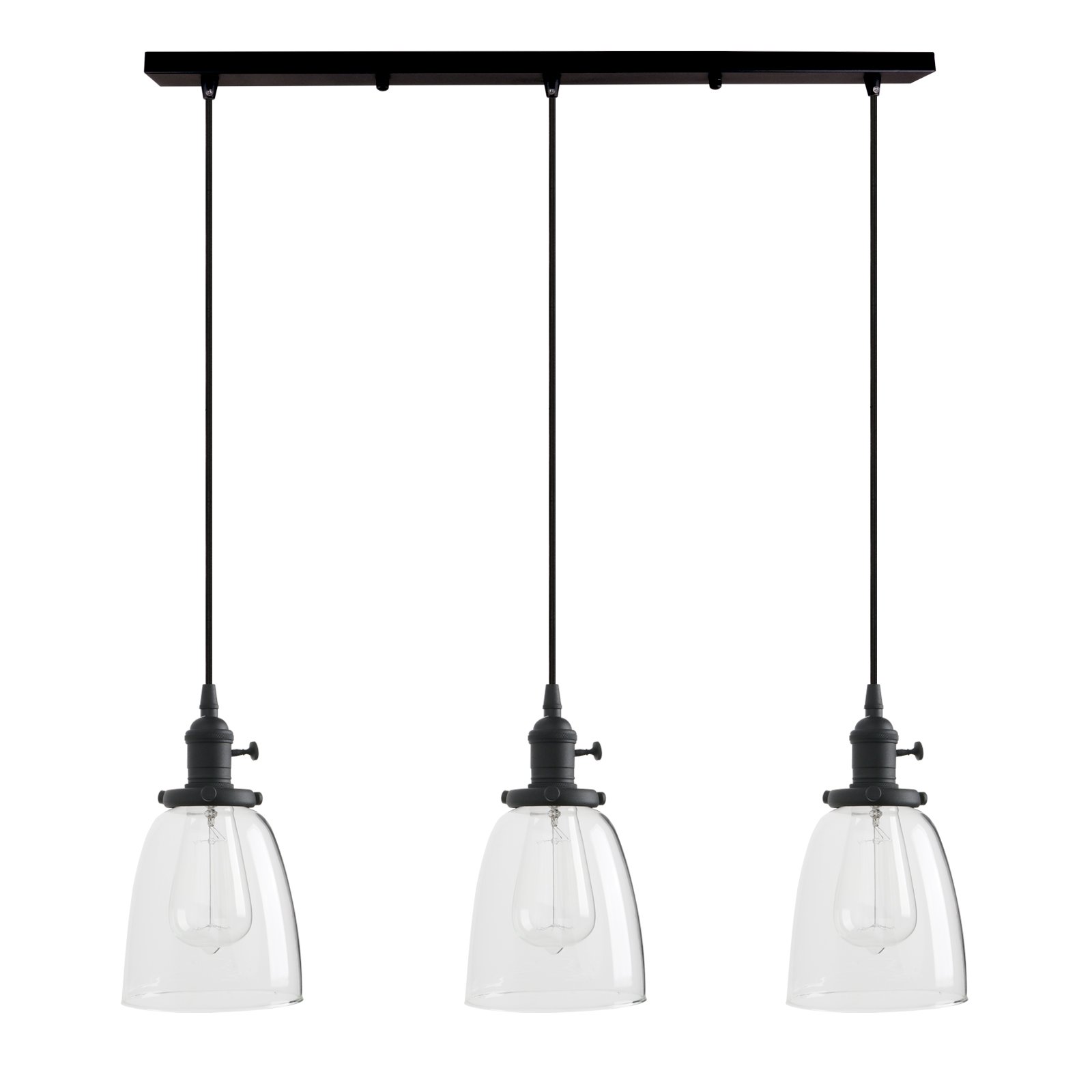 Vintage Rustic Industrial 3-Light Kitchen Island Chandelier - Triple Head Pendant Ceiling Light Fixture with Clear Oval Glass Shades (Black) | Perfect for Farmhouse, Loft & Industrial Style Dining Rooms, Kitchens & Living Spaces