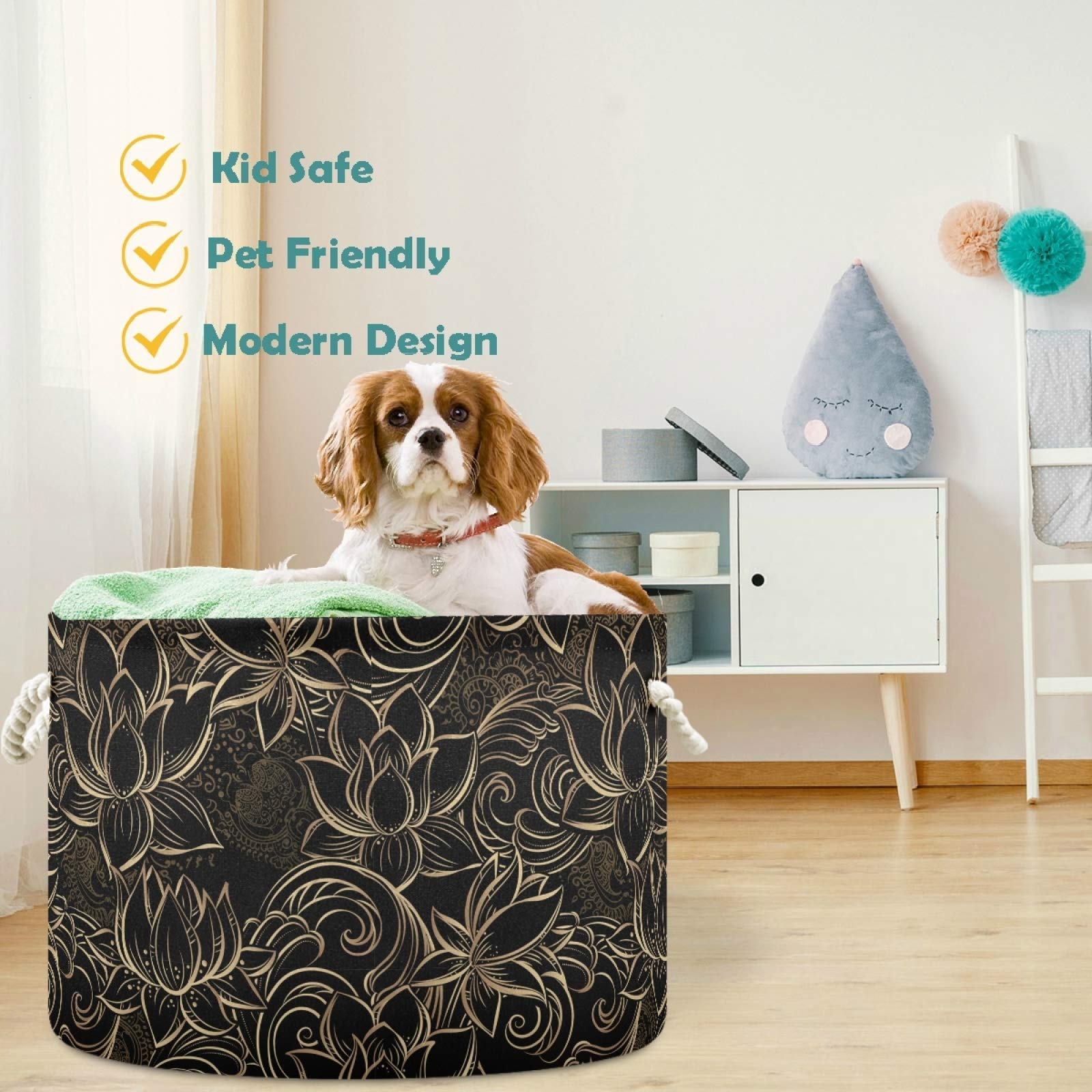 Visesunny Collapsible Large Capacity Storage Basket - Gold Black Lotus Floral Design for Clothes, Toys & Laundry | Durable Cotton Handles | Space-Saving Home Organizer for Bathroom, Bedroom, Nursery & Closet | Perfect for Small Spaces & Organization Needs